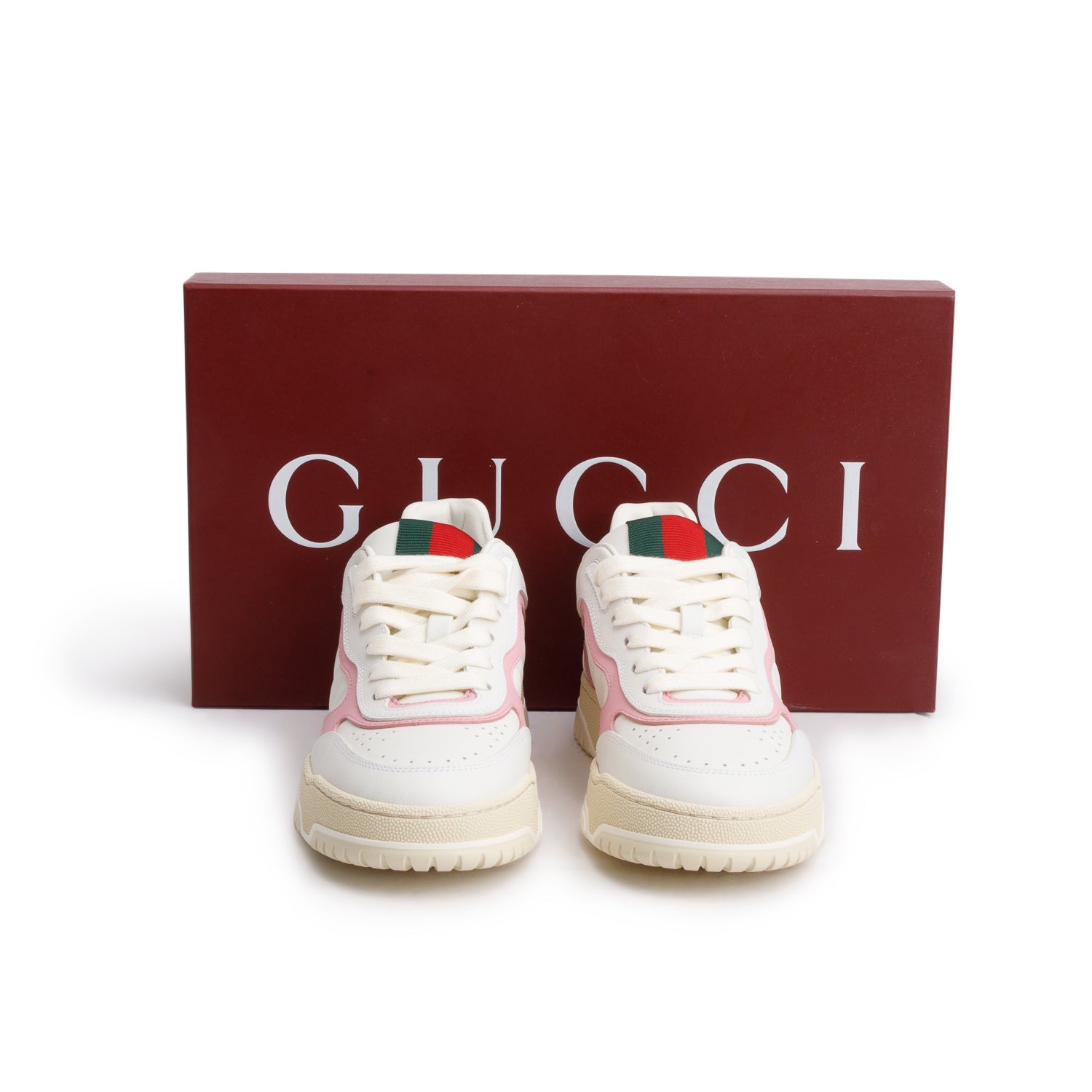 Gucci White/Pink Calfskin Re-Web Sneakers, Women's Size 37.5 w/ Box