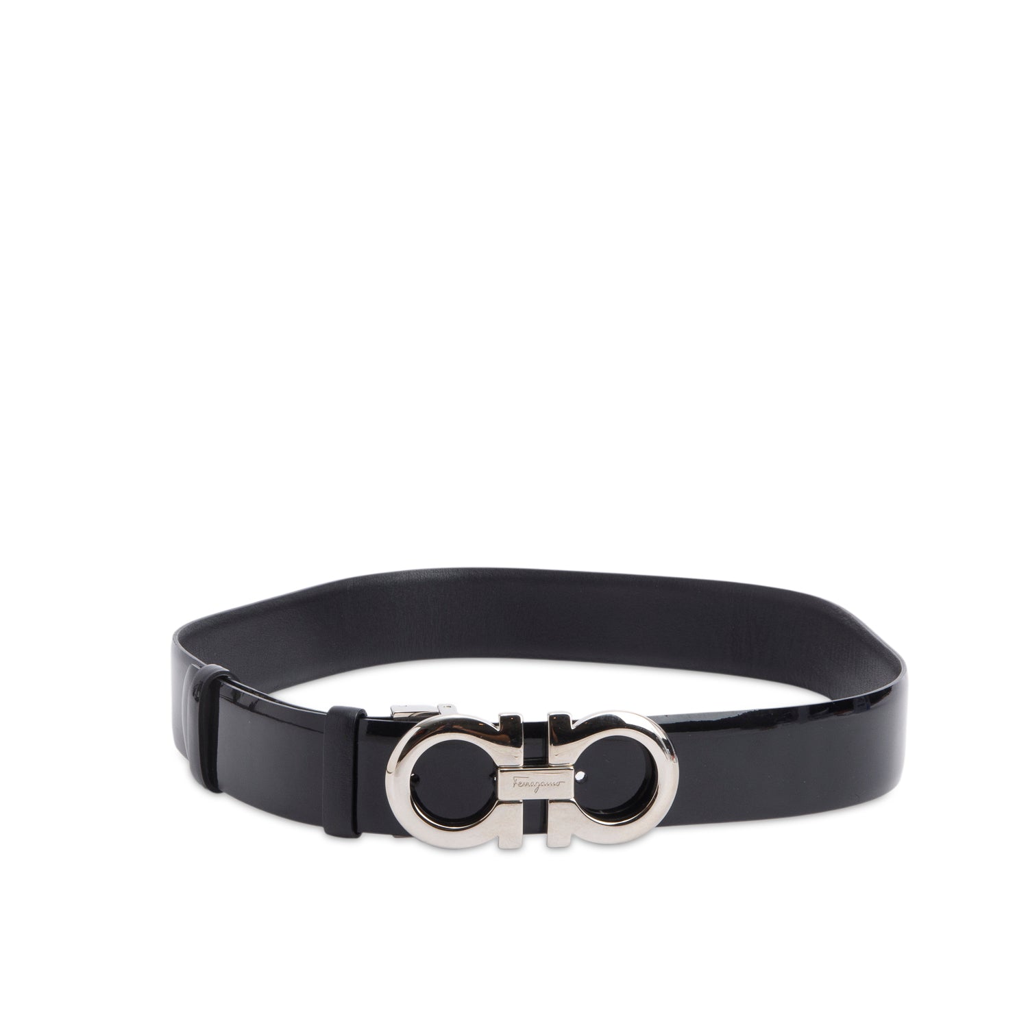 Ferragamo Black Calfskin/Patent Leather Gancini Reversible Belt 75
