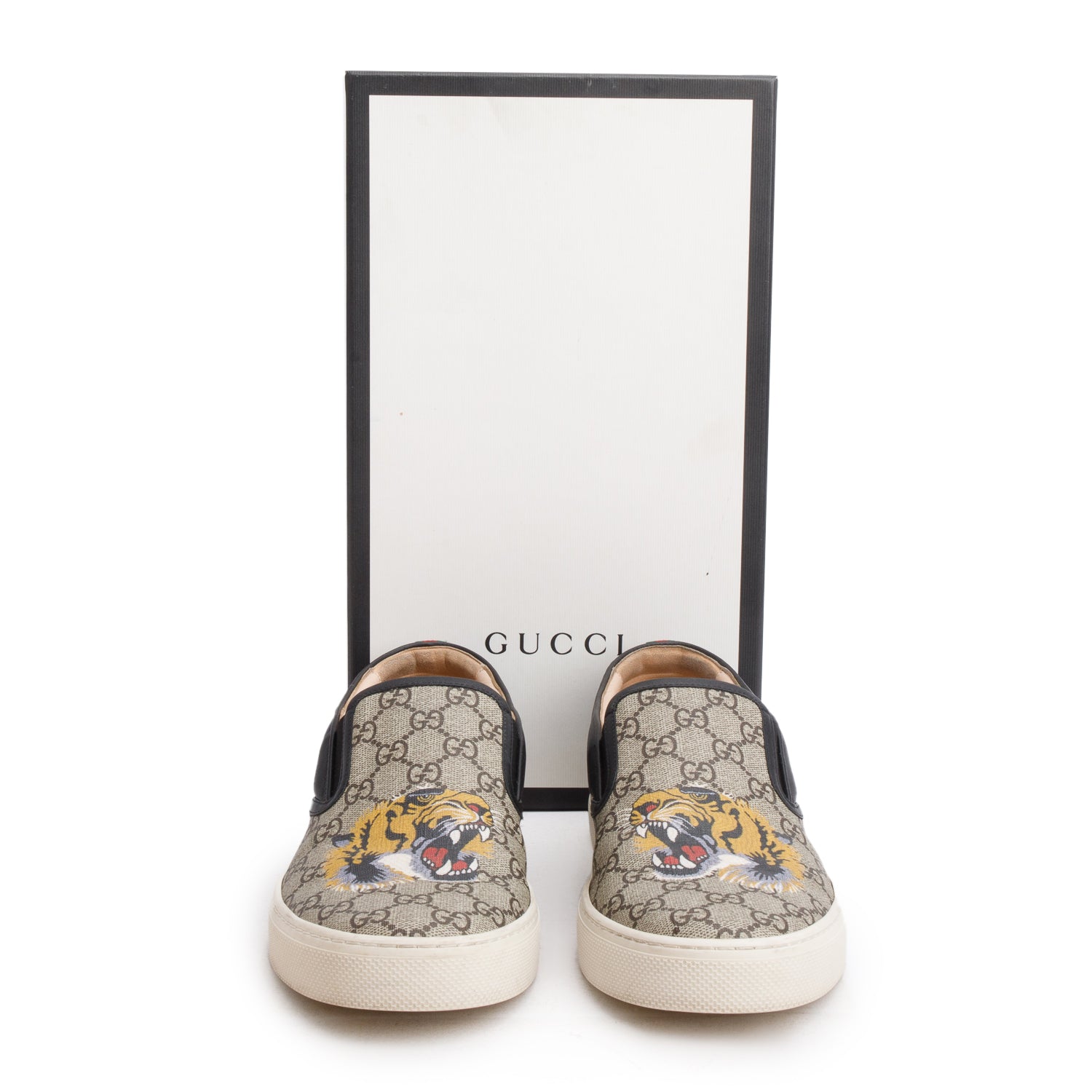 Gucci GG Monogram Supreme Canvas/Calfskin Tiger Slip On Sneakers, Men's Size 11 w/ Box