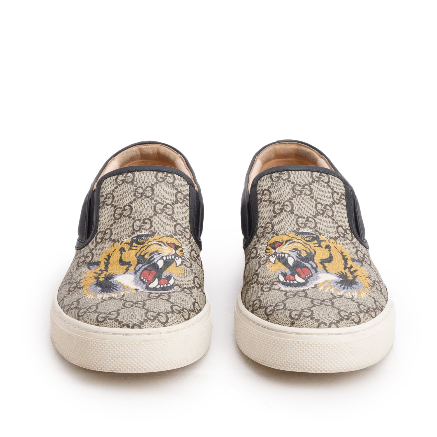 Gucci GG Monogram Supreme Canvas/Calfskin Tiger Slip On Sneakers, Men's Size 11 w/ Box