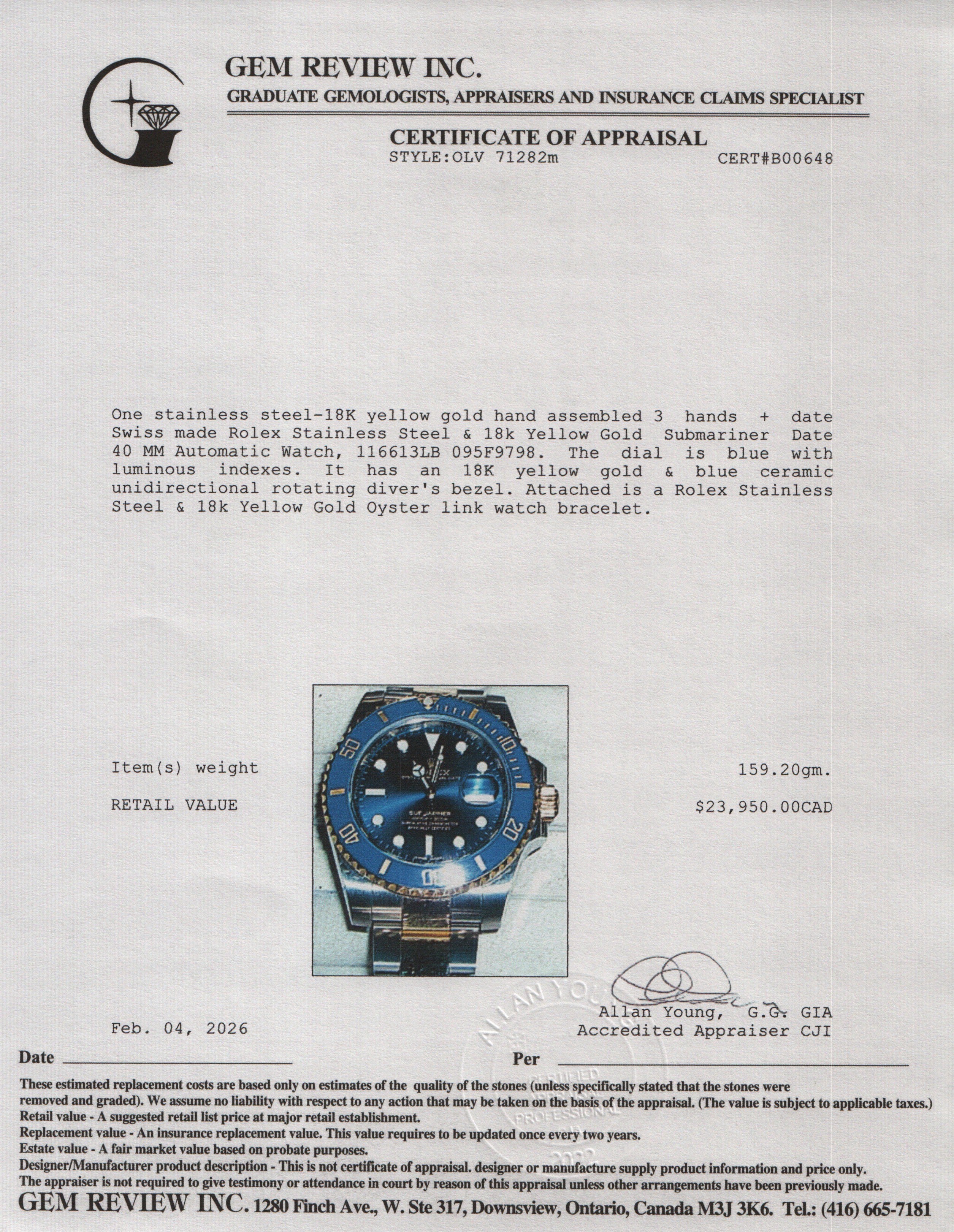 Rolex Stainless Steel & 18k Yellow Gold Submariner Date 40 MM Automatic Watch Blue Dial 116613LB w/ Box & Papers