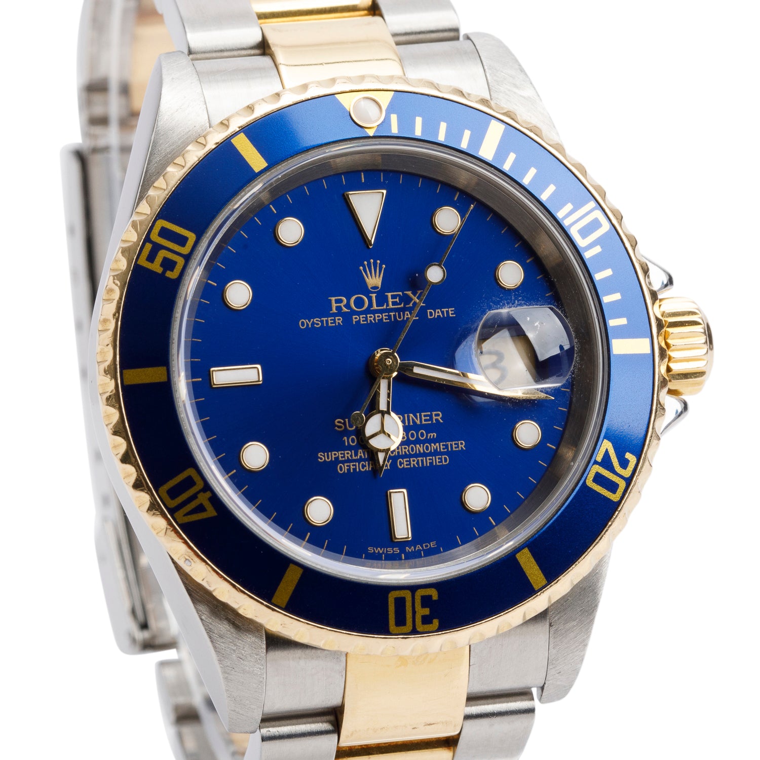 Rolex Stainless Steel & 18k Yellow Gold Submariner Date 40 MM Automatic Watch Blue Dial 16613 w/ Box & Service Paper