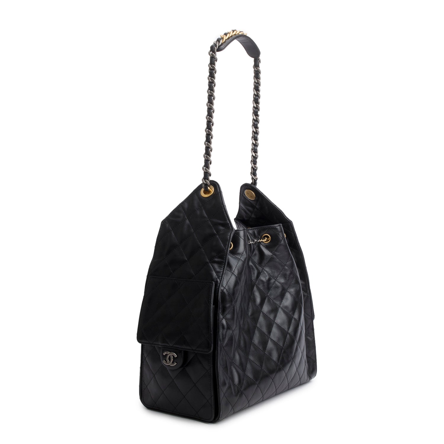 Chanel 2025 Black Shiny Calfskin Quilted Medium 25 Handbag w/ Box, Pouch & Receipt