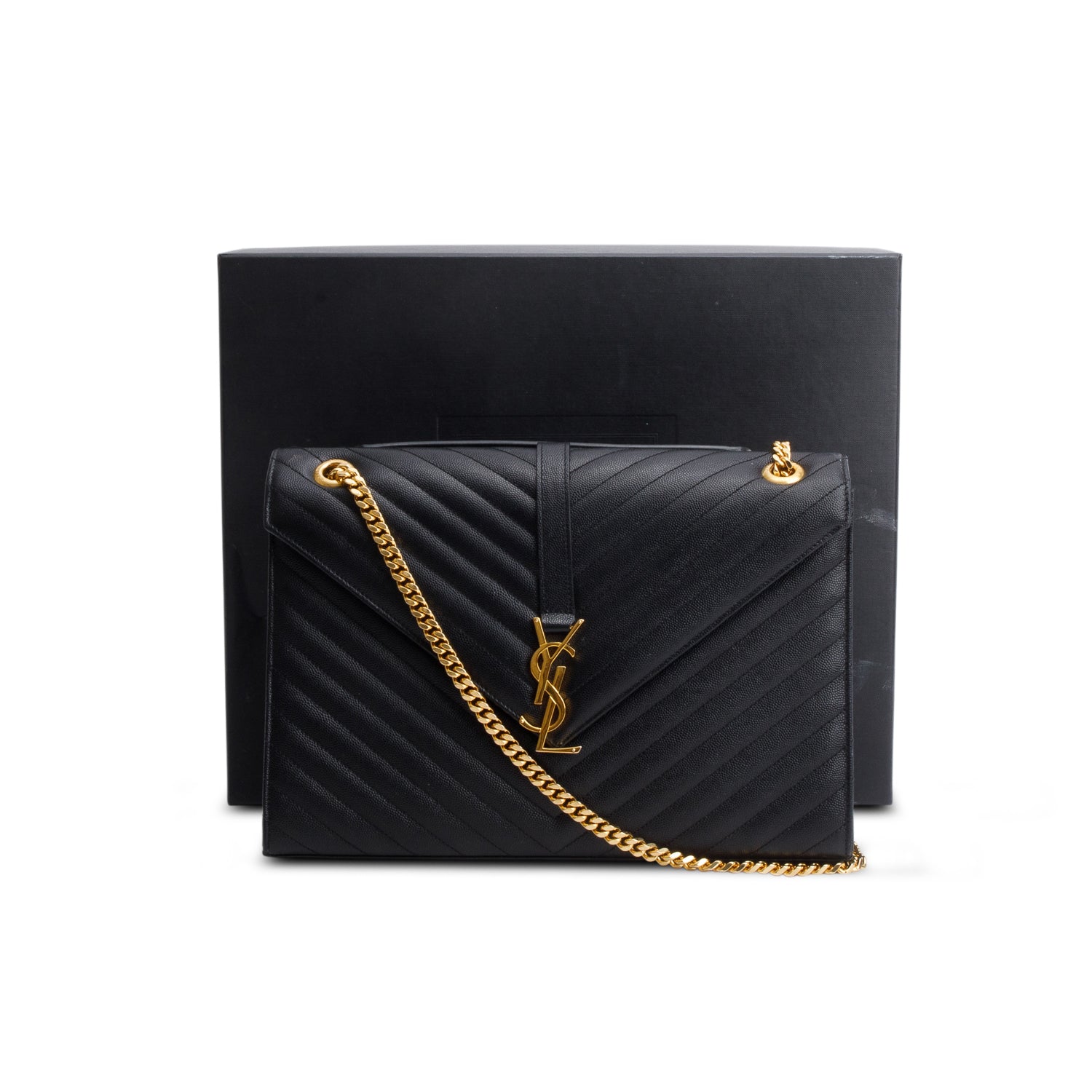 Saint Lauren Black Grain de Poudre Matelasse Large Monogram Envelope Bag w/ Box