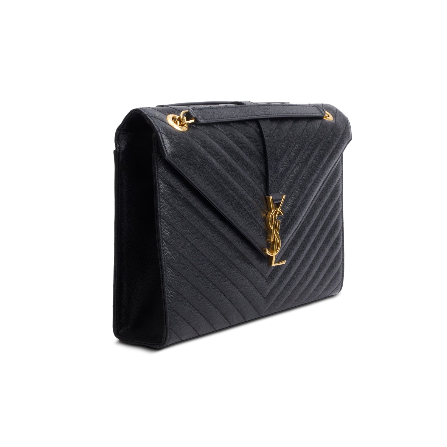 Saint Lauren Black Grain de Poudre Matelasse Large Monogram Envelope Bag w/ Box