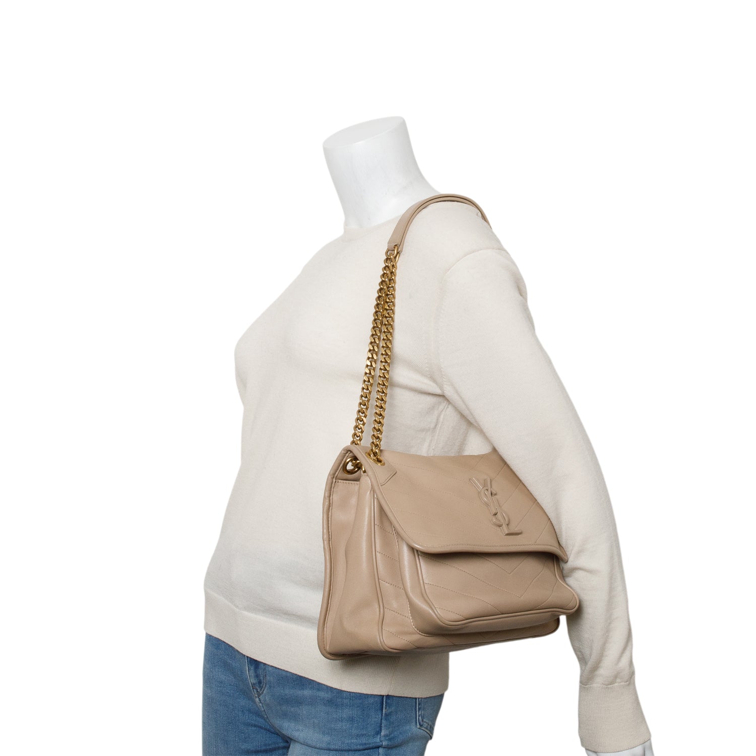Saint Laurent 2022 Beige Lambskin Matelasse Monogram Medium Niki Chain Satchel