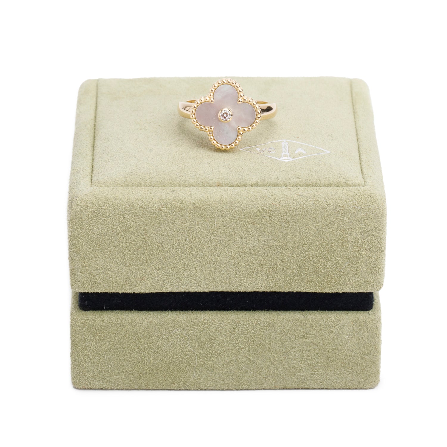 Van Cleef & Arpels 18k Yellow Gold Mother of Pearl & Diamond Vintage Alhambra Ring, Size 55 7.25 w/ Box