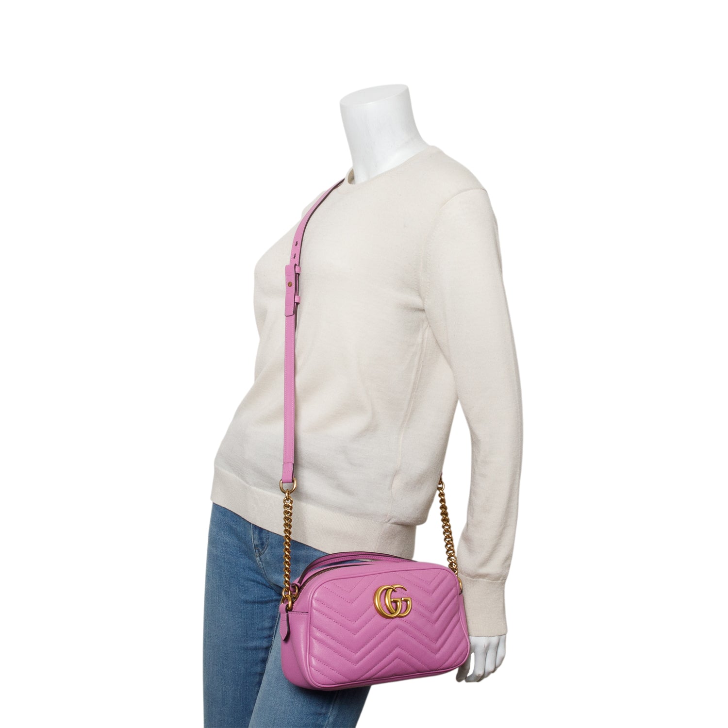 Gucci Pink Calfskin Matelasse Small GG Marmont Chain Shoulder Bag