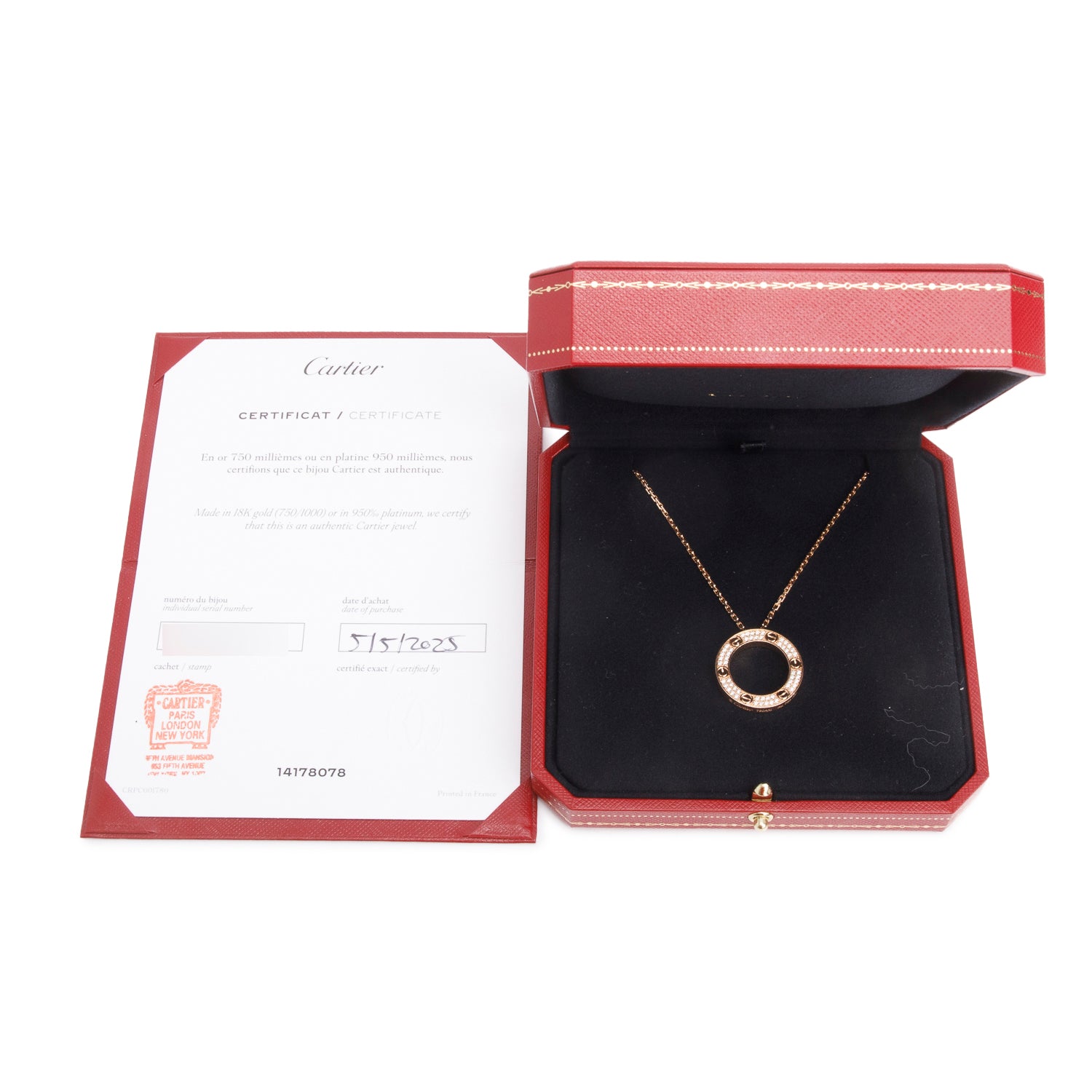 Cartier 18k Rose Gold Diamond Love Pendant Necklace w/ Box & Certificate