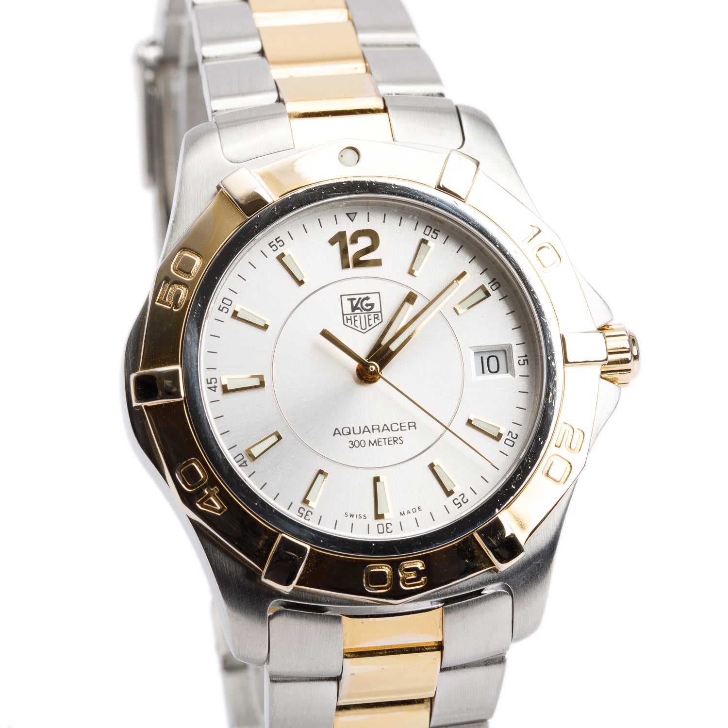 Tag Heuer Stainless Steel & Yellow Gold Plated Aquaracer 39 MM Quartz Watch Silver Dial WAF1120