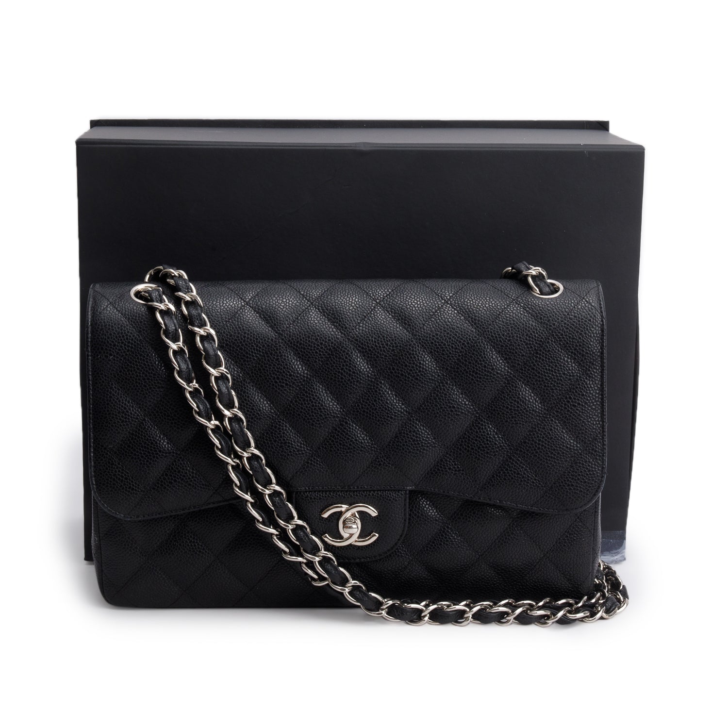 Chanel Black Caviar Jumbo Classic Double Flap Bag w/ Box & Receipt