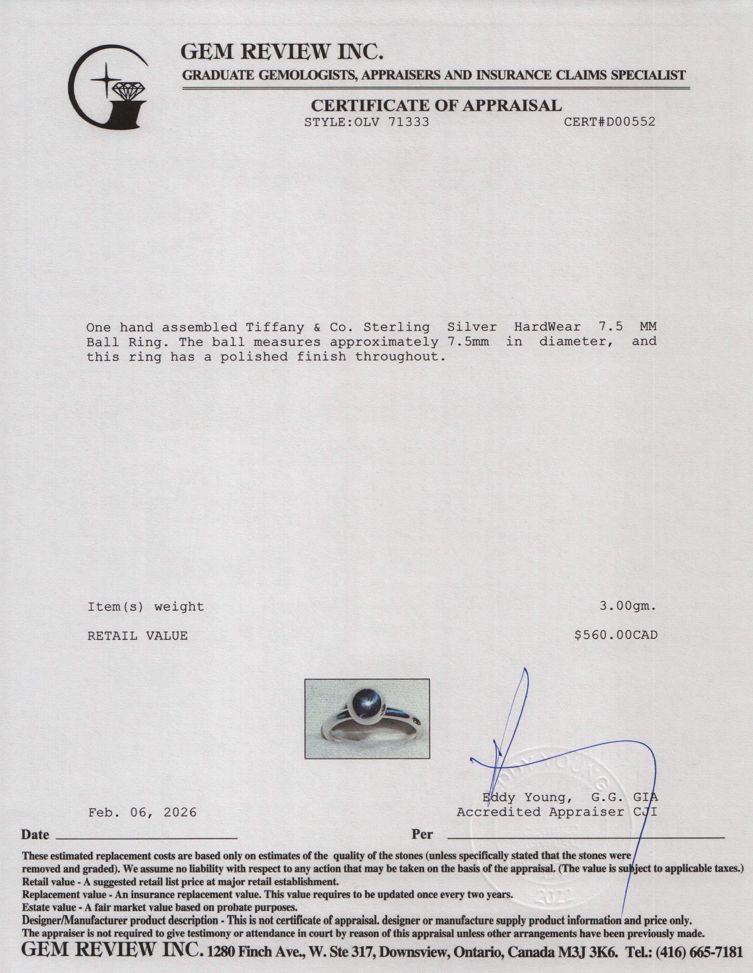 Tiffany & Co. Sterling Silver HardWear 7.5 MM Ball Ring, Size 6.75