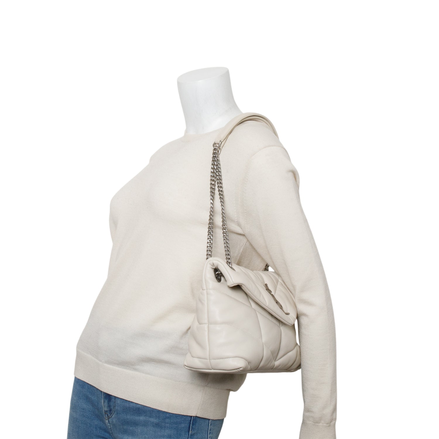 Saint Laurent 2021 Cream Lambskin Quilted Small Loulou Puffer Monogram Chain Satchel