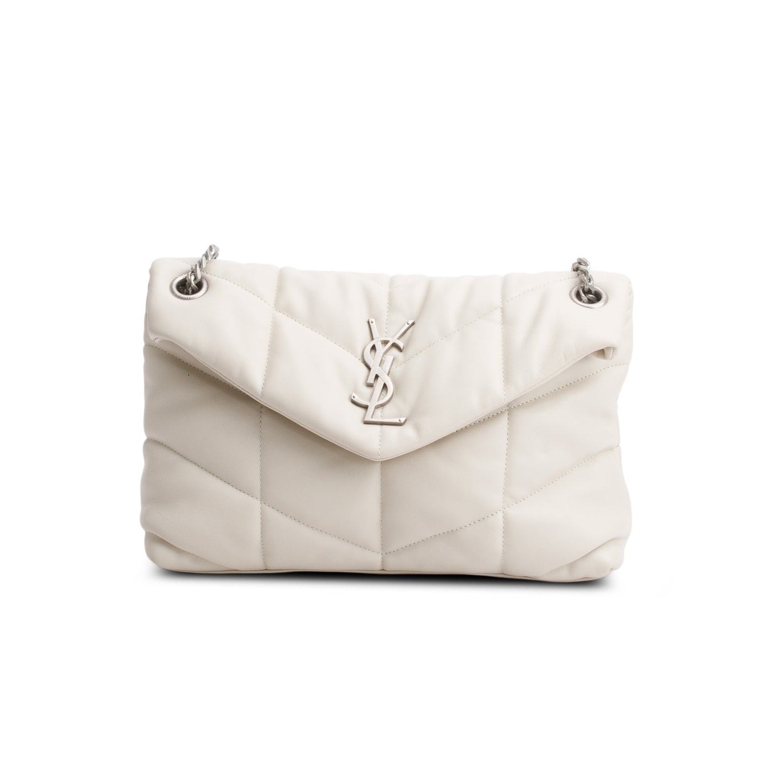 Saint Laurent 2021 Cream Lambskin Quilted Small Loulou Puffer Monogram Chain Satchel