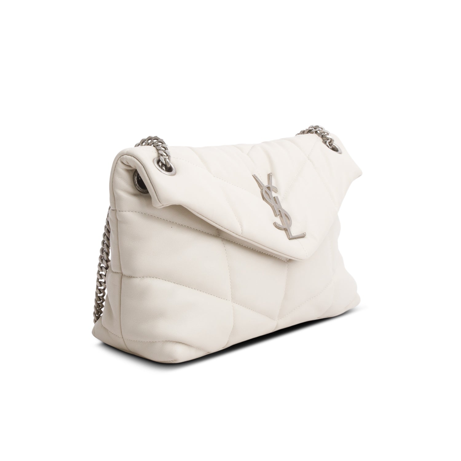 Saint Laurent 2021 Cream Lambskin Quilted Small Loulou Puffer Monogram Chain Satchel