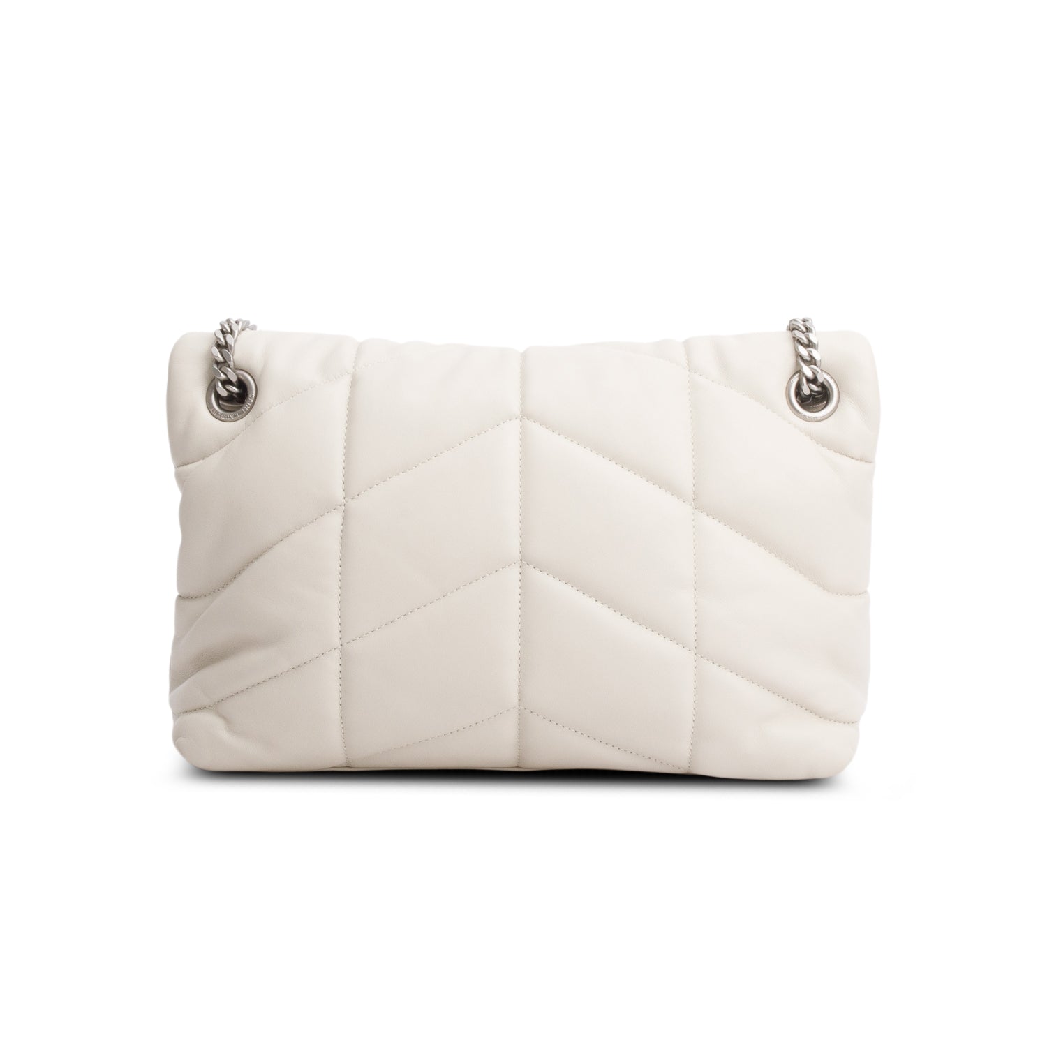Saint Laurent 2021 Cream Lambskin Quilted Small Loulou Puffer Monogram Chain Satchel
