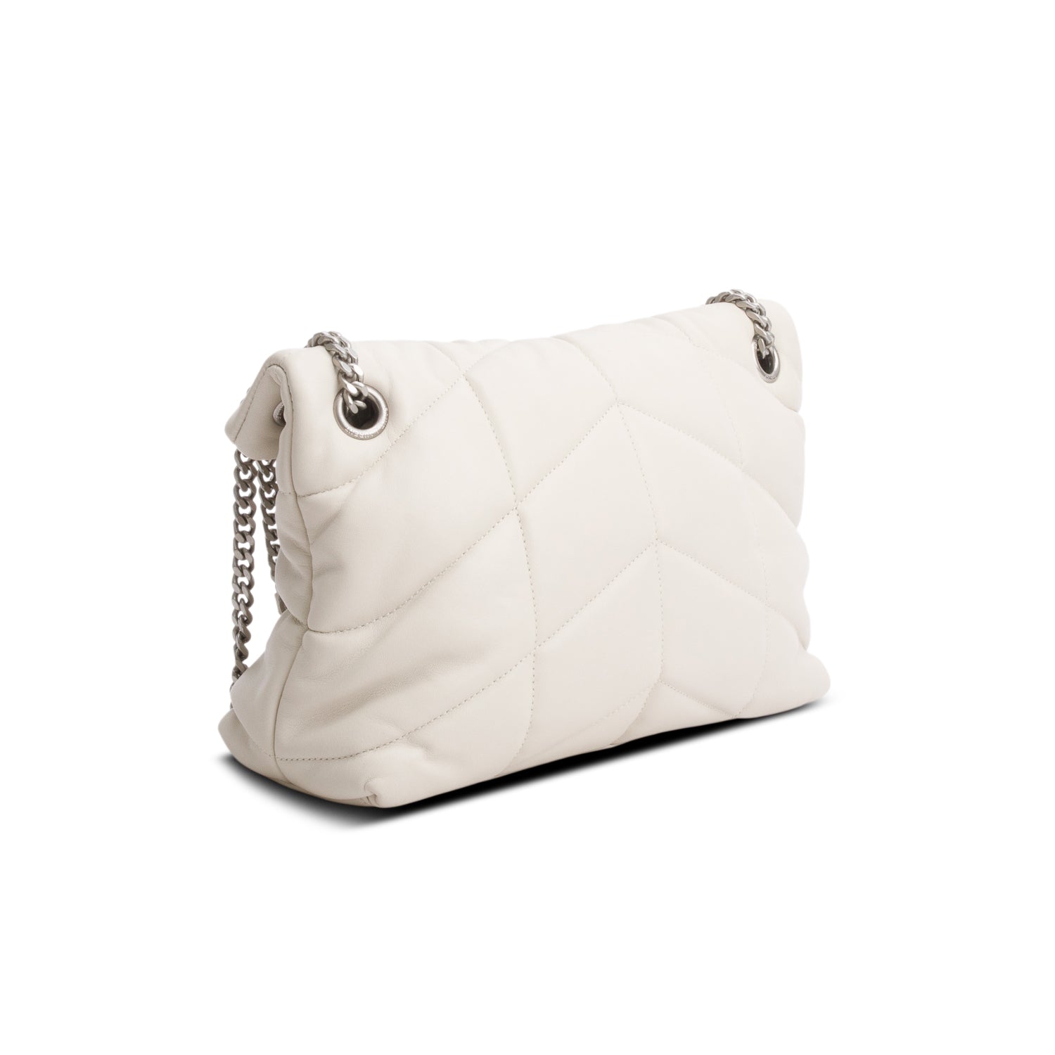 Saint Laurent 2021 Cream Lambskin Quilted Small Loulou Puffer Monogram Chain Satchel