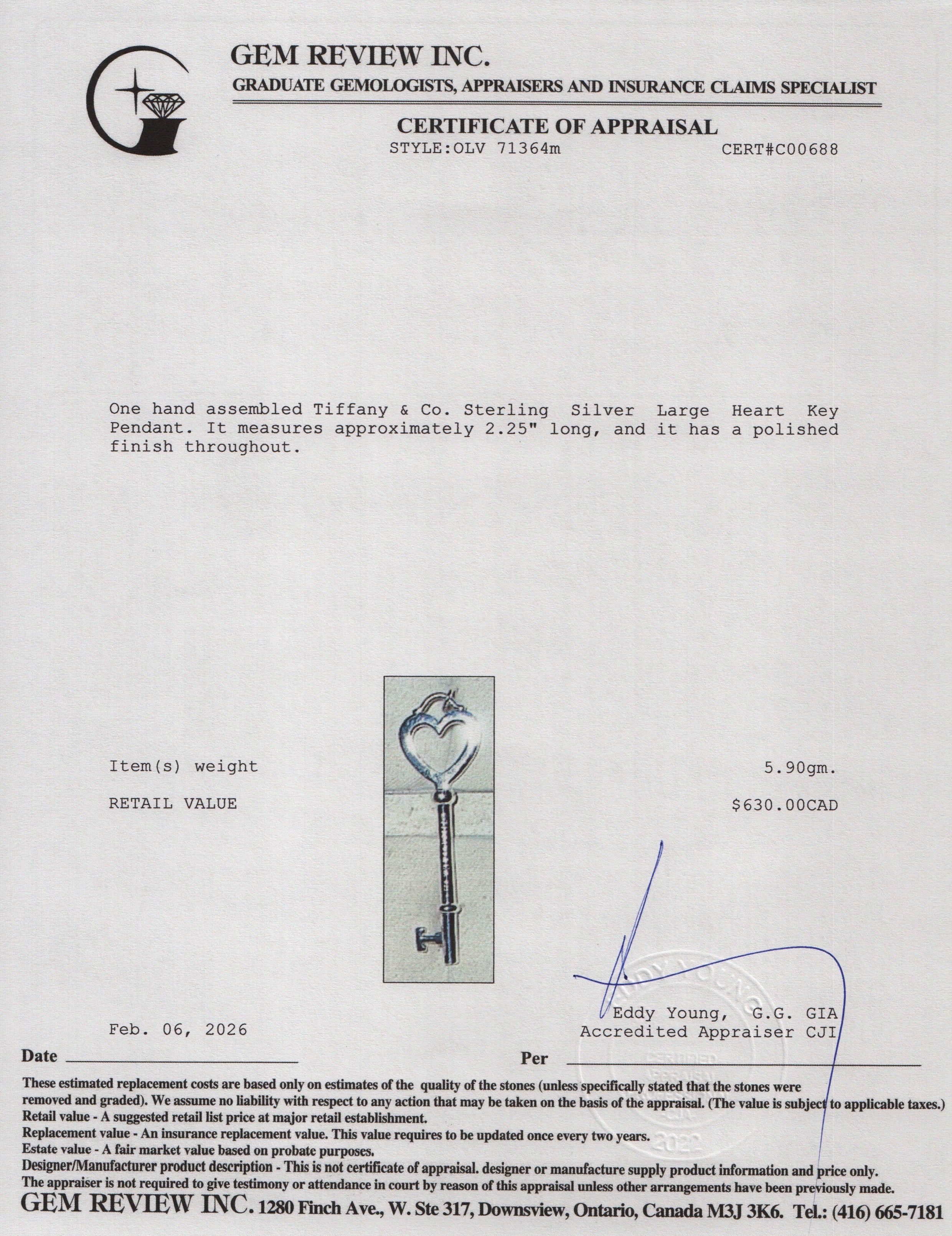 Tiffany & Co. Sterling Silver Large Heart Key Pendant