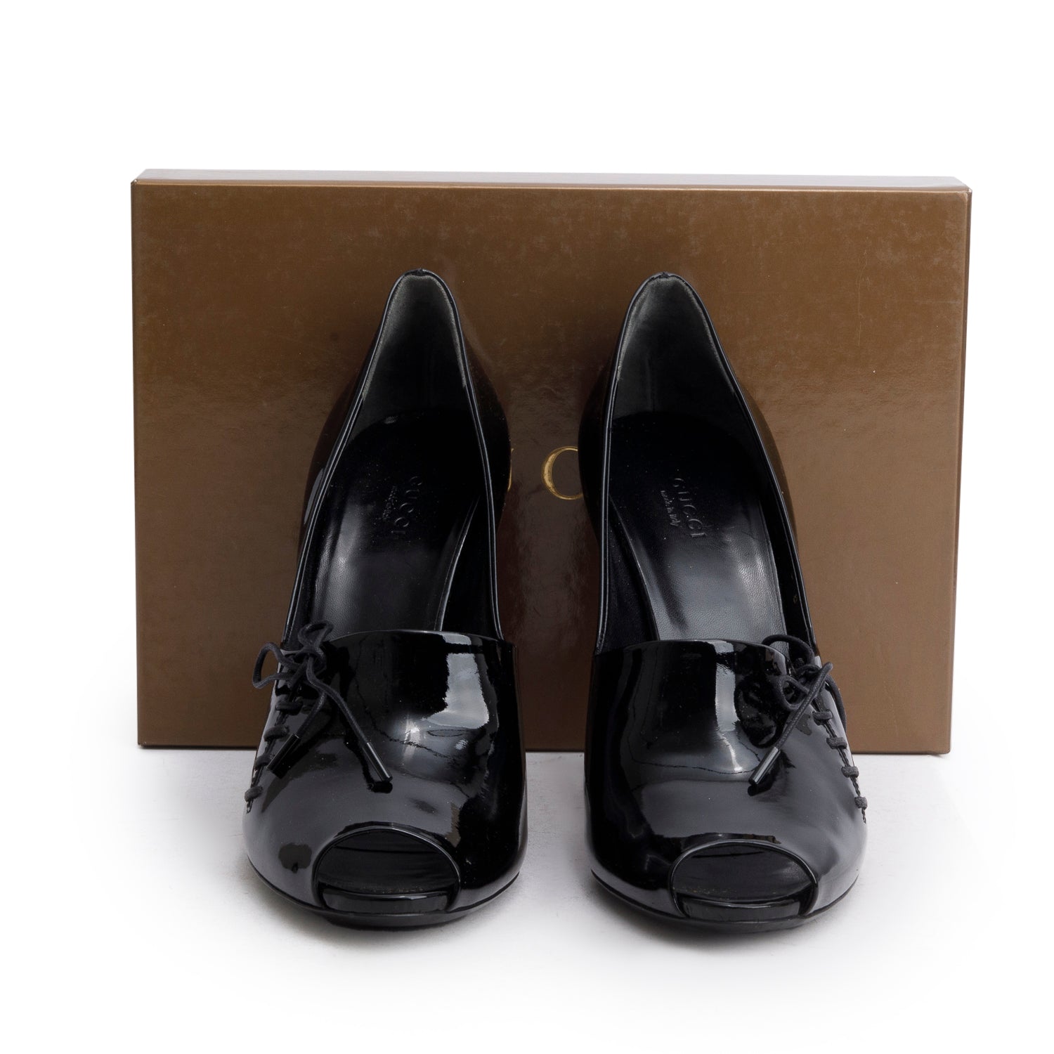 Gucci Black Patent Leather Lace Up Peep-Toe Pumps, Size 10 w/ Box
