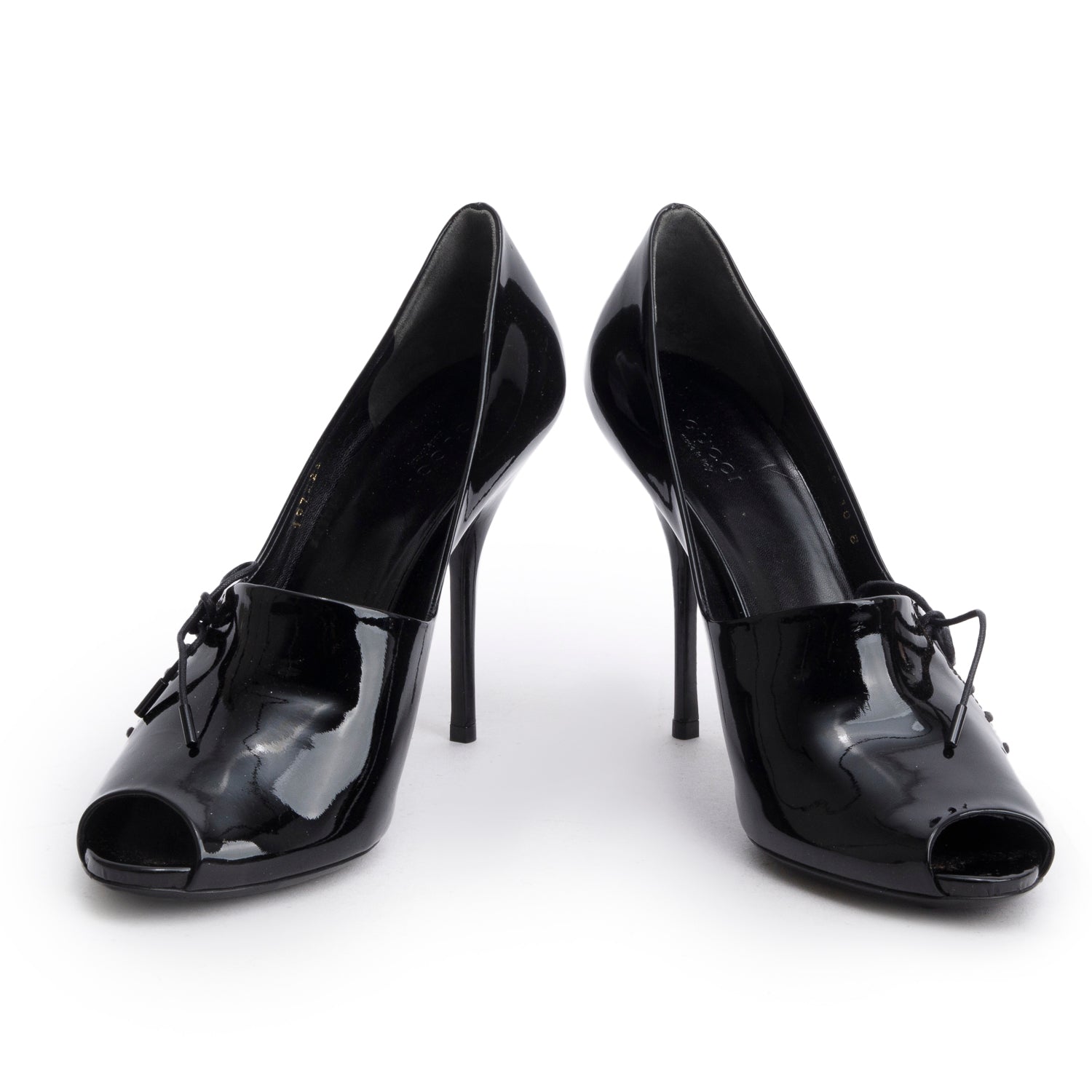 Gucci Black Patent Leather Lace Up Peep-Toe Pumps, Size 10 w/ Box