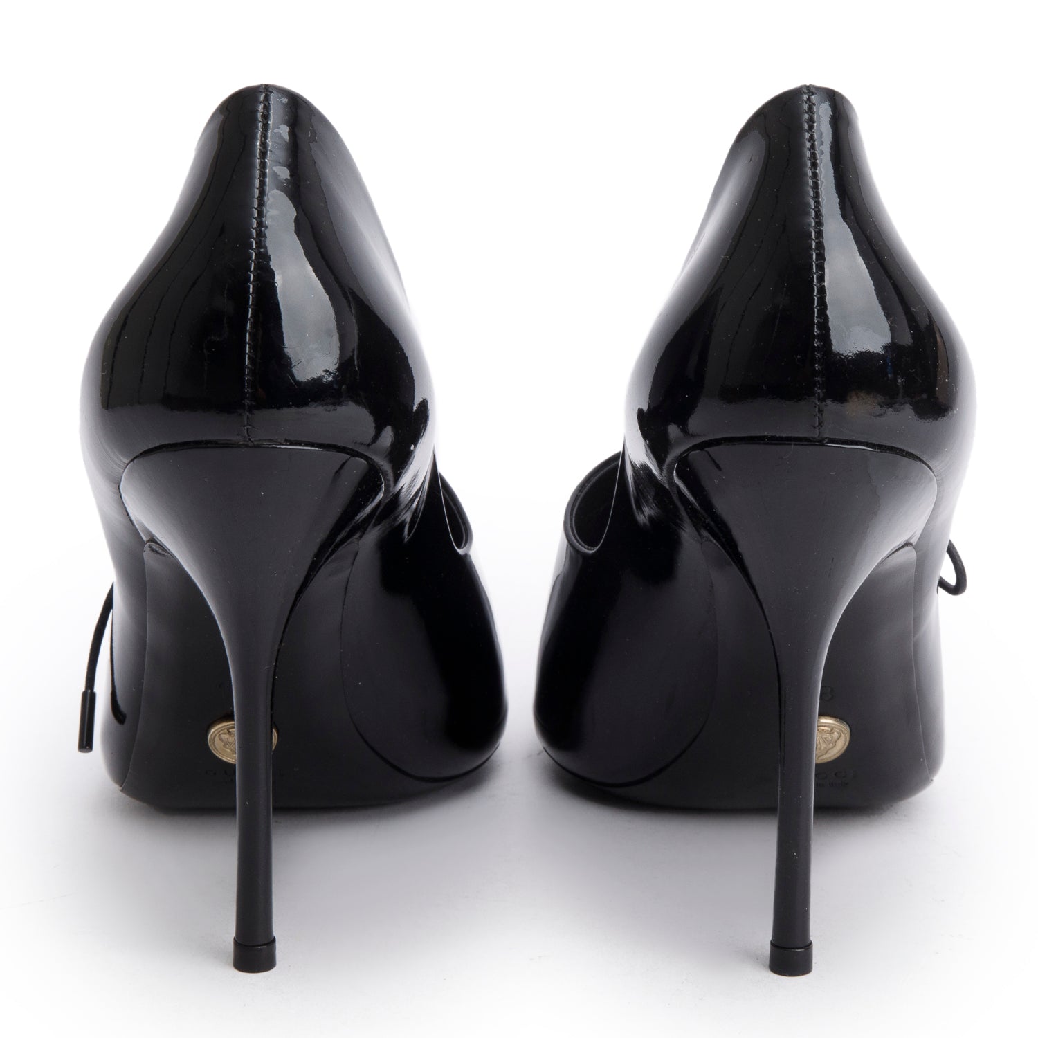 Gucci Black Patent Leather Lace Up Peep-Toe Pumps, Size 10 w/ Box