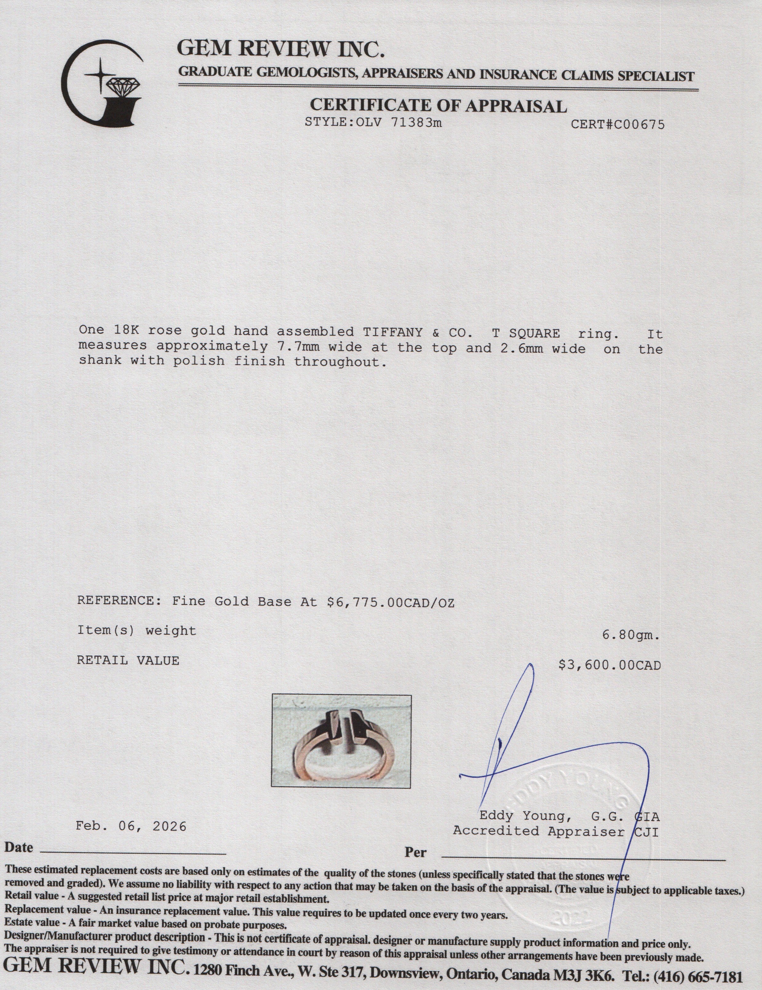 Tiffany & Co. 18k Rose Gold T Square Ring, Size 7.25 w/ Box