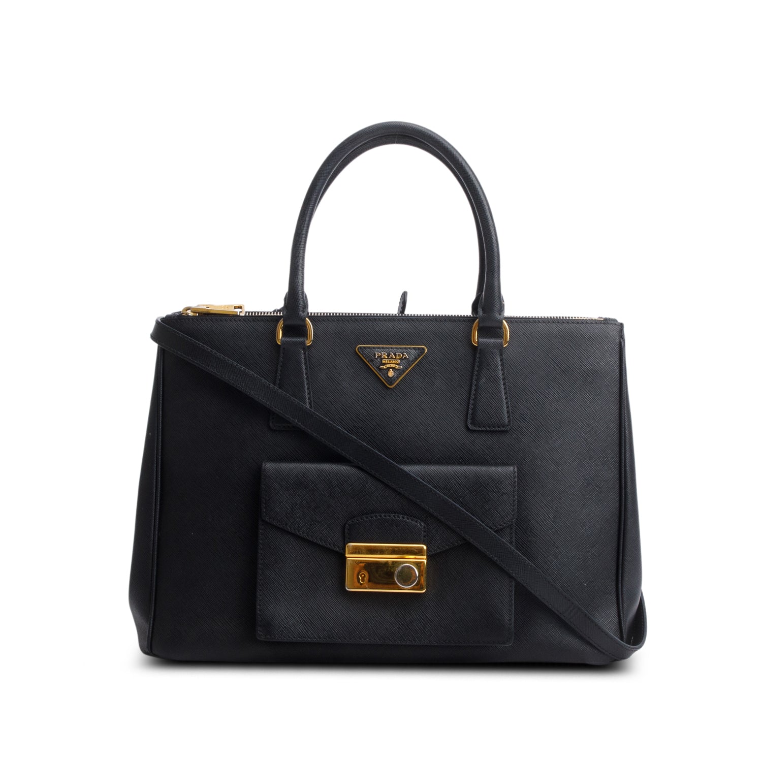 Prada Black Saffiano Lux Medium Galleria Double Zip Front Pocket Tote w/ Authenticity Card & Strap