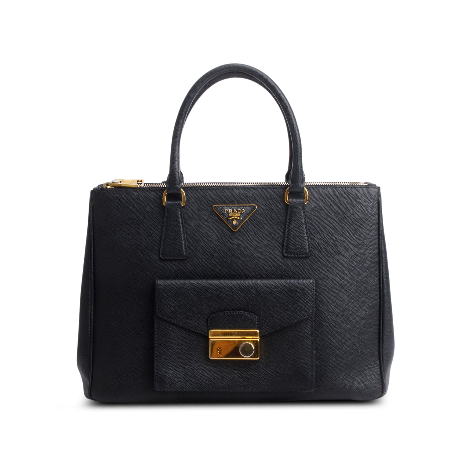 Prada Black Saffiano Lux Medium Galleria Double Zip Front Pocket Tote w/ Authenticity Card & Strap