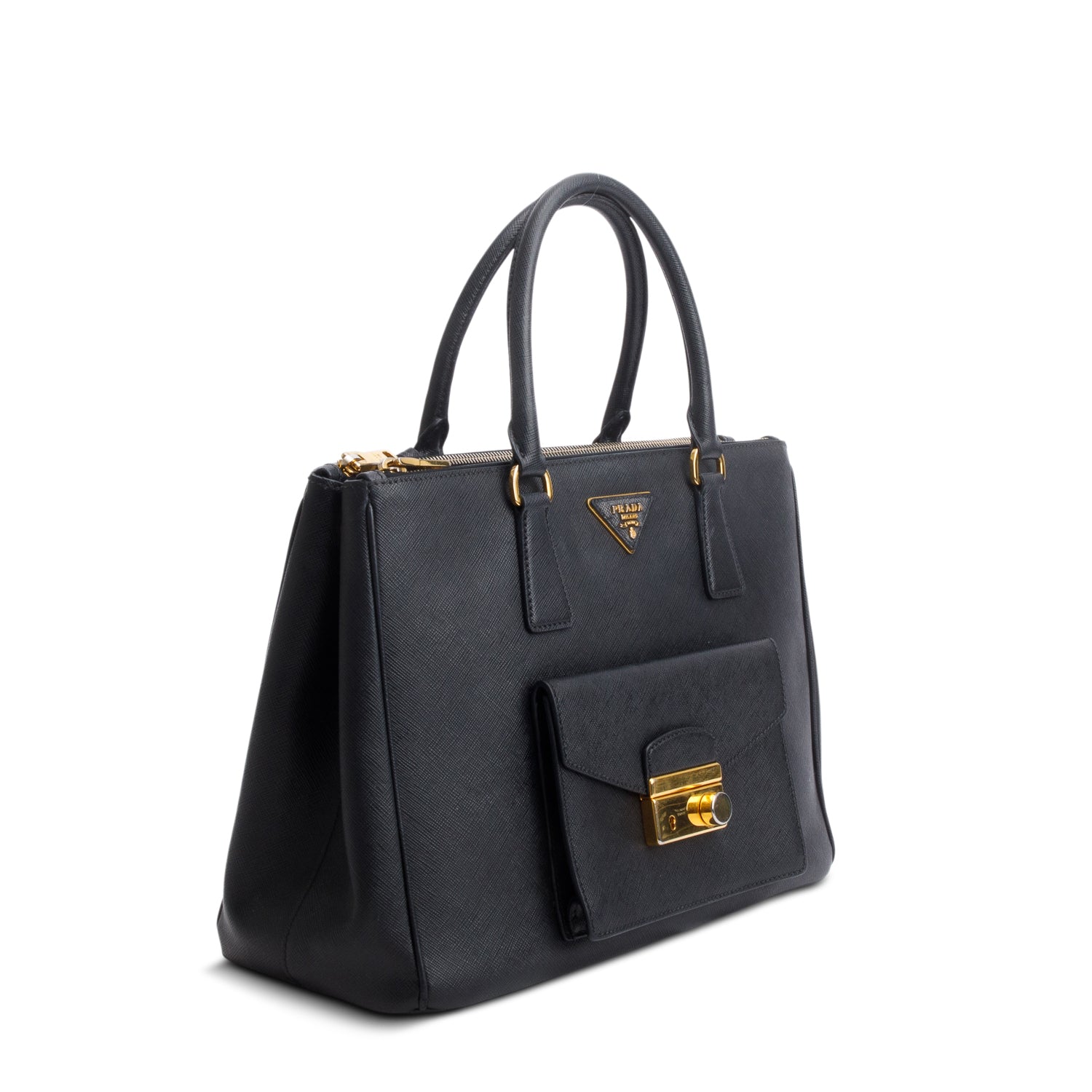 Prada Black Saffiano Lux Medium Galleria Double Zip Front Pocket Tote w/ Authenticity Card & Strap