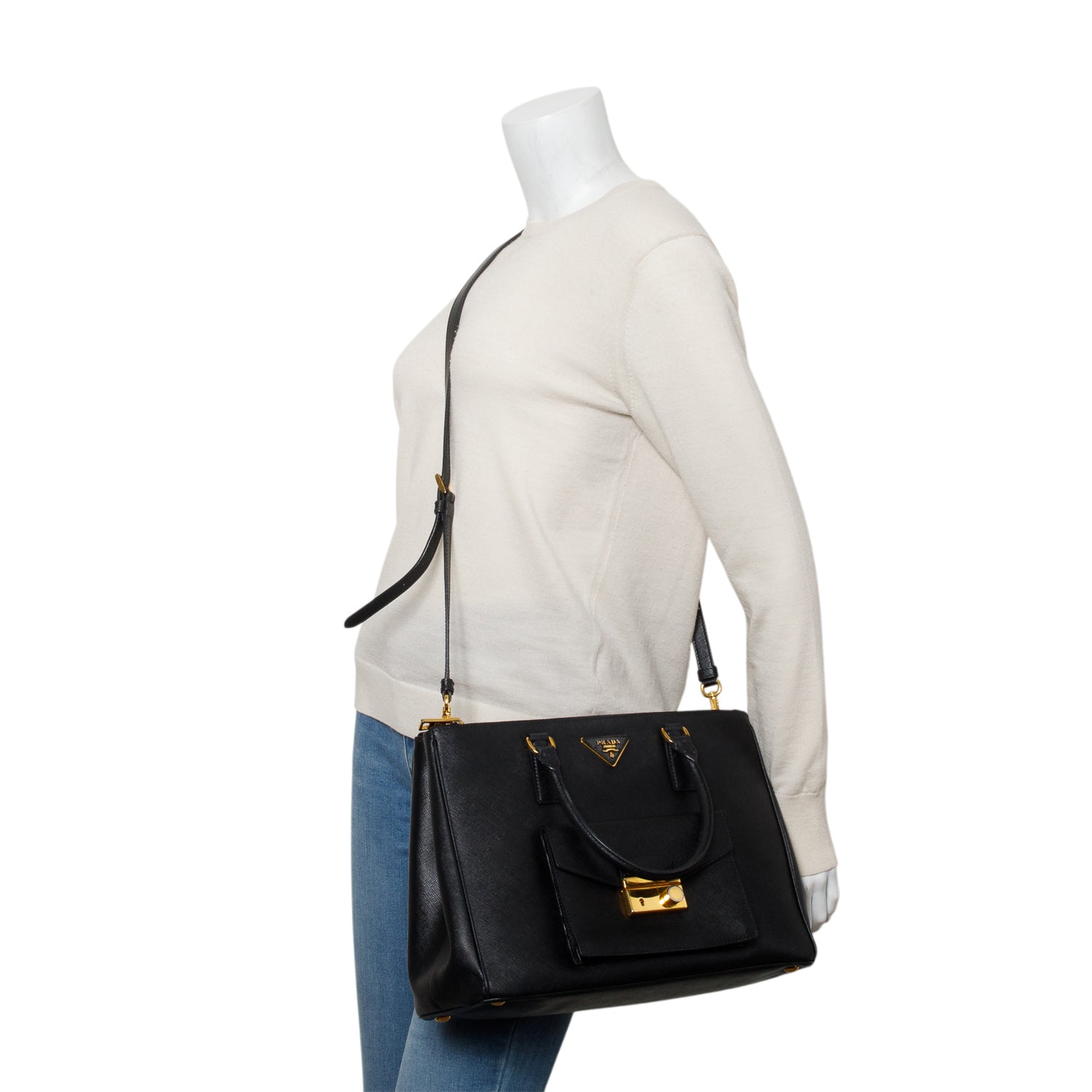 Prada Black Saffiano Lux Medium Galleria Double Zip Front Pocket Tote w/ Authenticity Card & Strap
