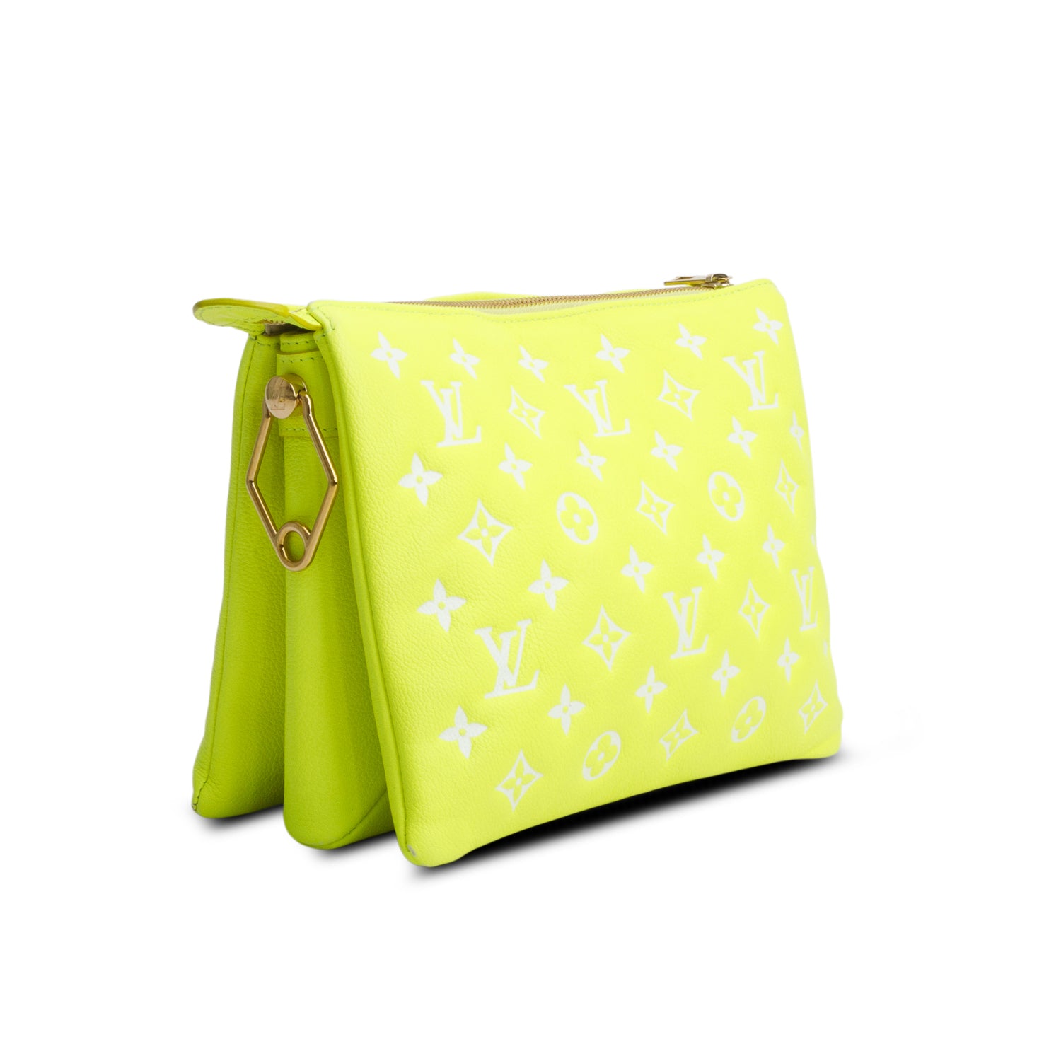Louis Vuitton Neon Yellow Monogram Embossed Lambskin Leather Coussin PM w/ Straps