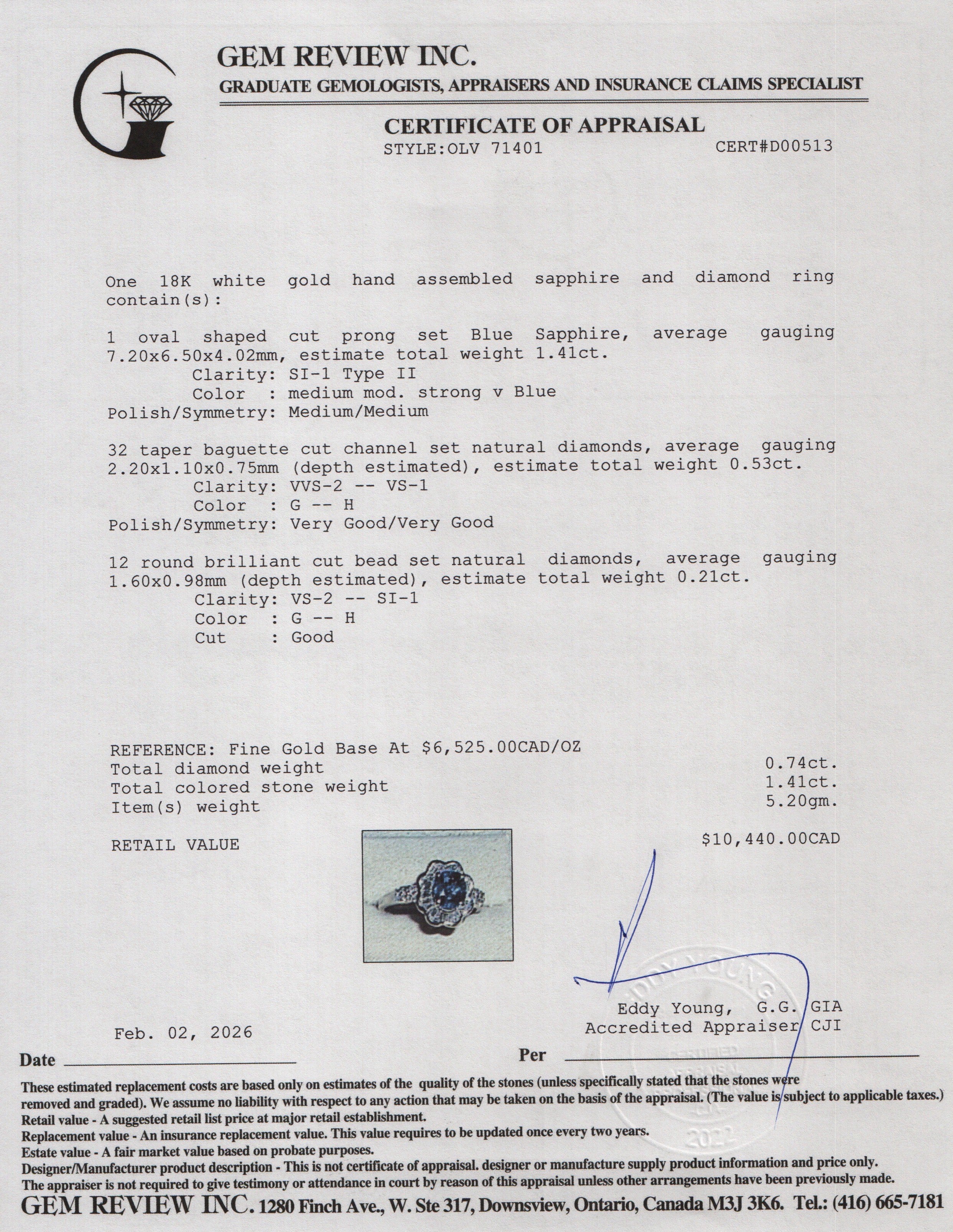 18k White Gold Sapphire and Diamond Ring, Size 8.75