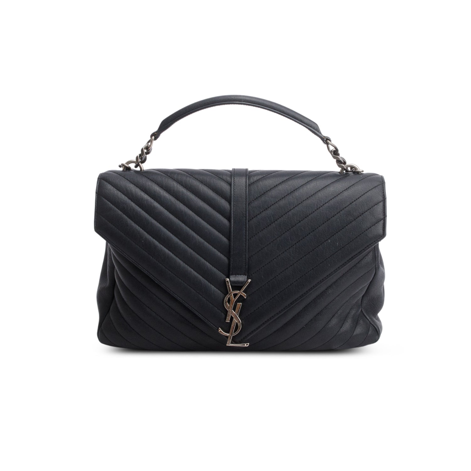 Saint Laurent Black Sheepskin Chevron Monogram Large College Satchel