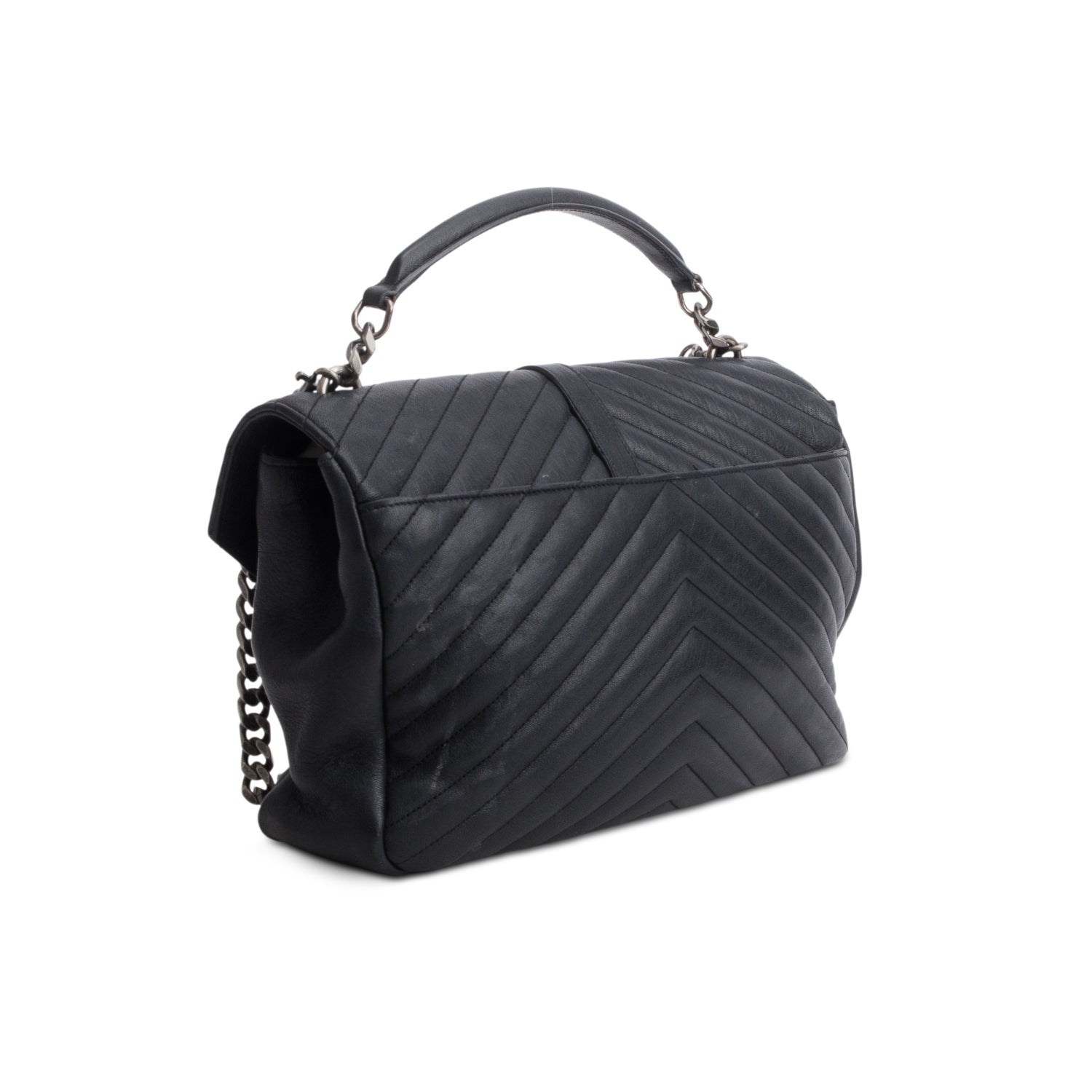 Saint Laurent Black Sheepskin Chevron Monogram Large College Satchel