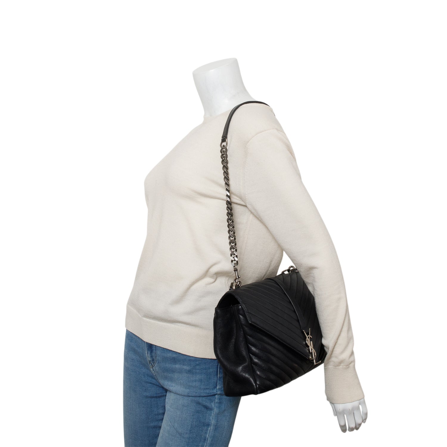 Saint Laurent Black Sheepskin Chevron Monogram Large College Satchel