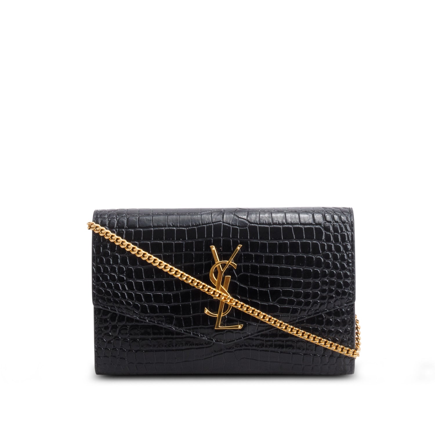 Saint Laurent 2022 Black Calfskin Croc Embossed Monogram Uptown Chain Wallet w/ Box