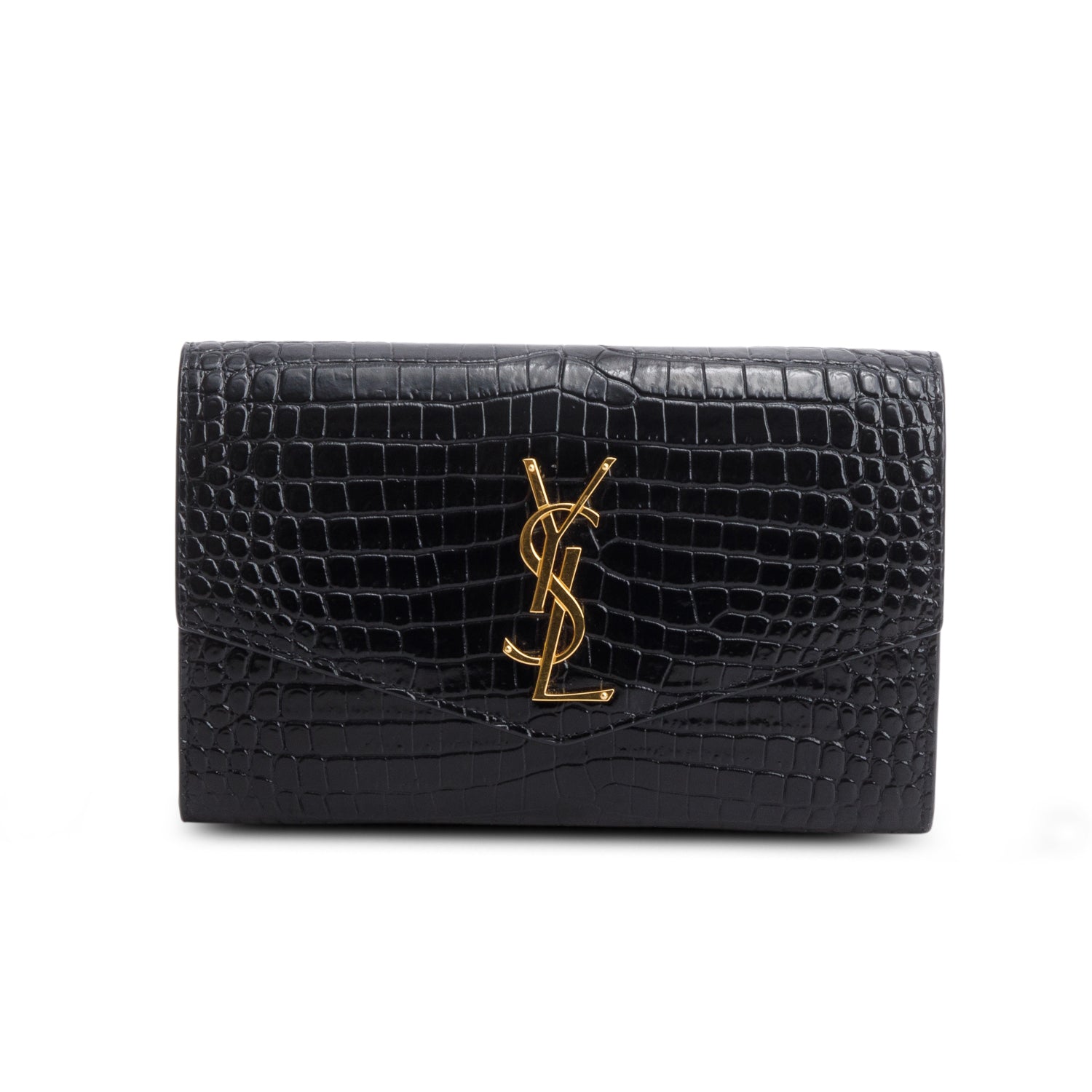 Saint Laurent 2022 Black Calfskin Croc Embossed Monogram Uptown Chain Wallet w/ Box