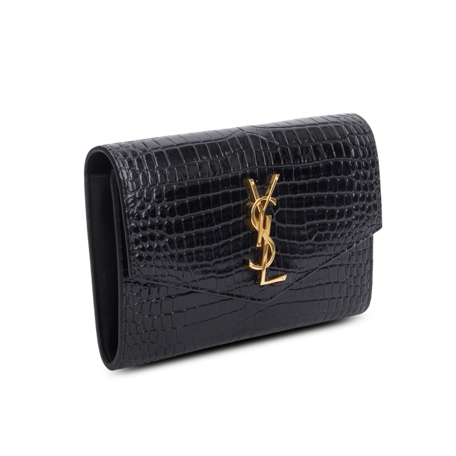 Saint Laurent 2022 Black Calfskin Croc Embossed Monogram Uptown Chain Wallet w/ Box