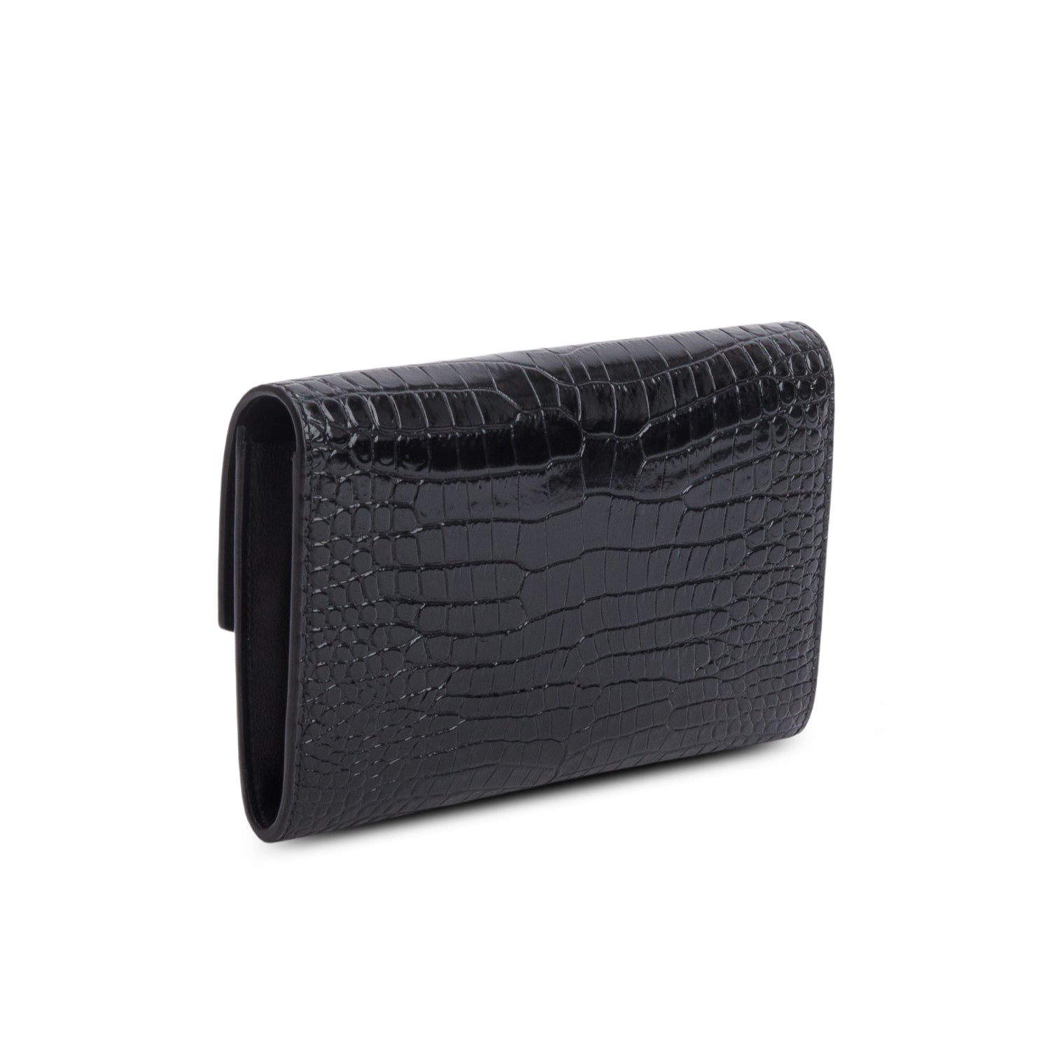 Saint Laurent 2022 Black Calfskin Croc Embossed Monogram Uptown Chain Wallet w/ Box