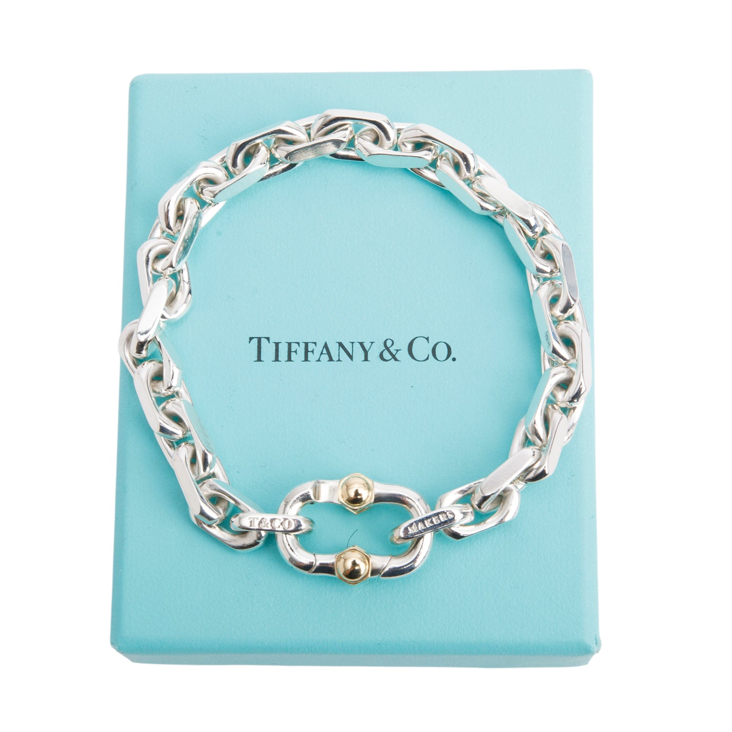 Tiffany & Co. Sterling Silver & 18k Yellow Gold Makers Wide Chain Bracelet w/ Box