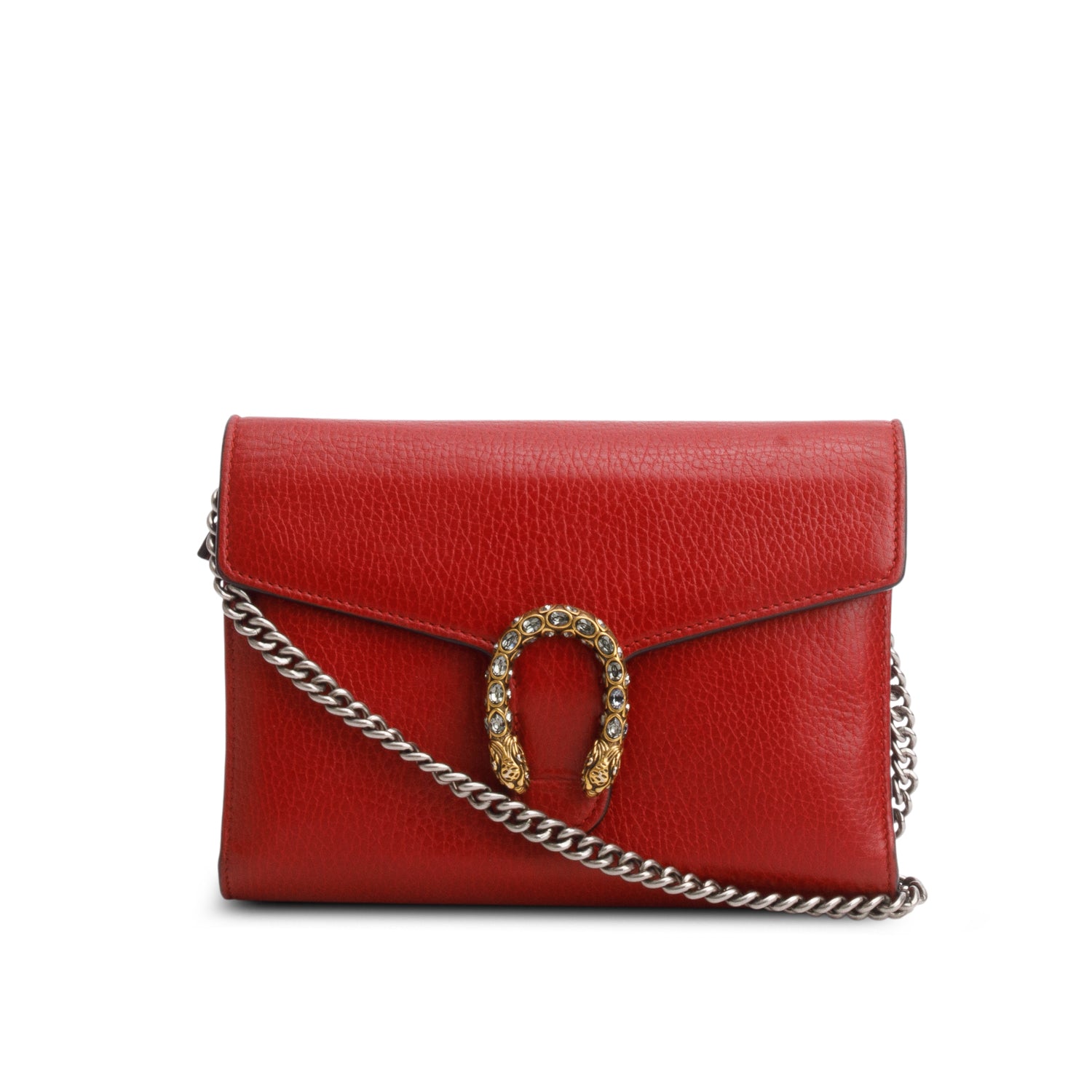 Gucci Red Calfskin Crystals Mini Dionysus Chain Wallet