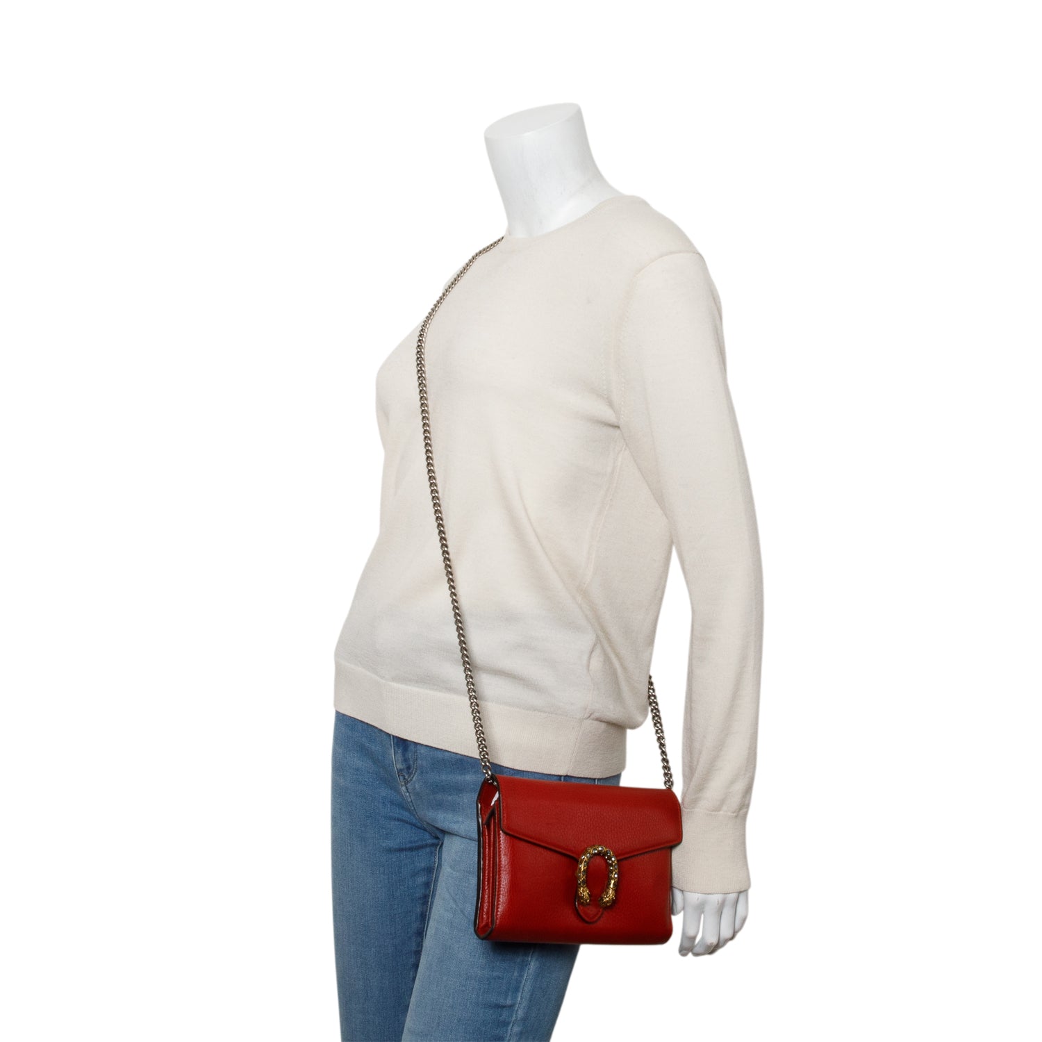Gucci Red Calfskin Crystals Mini Dionysus Chain Wallet