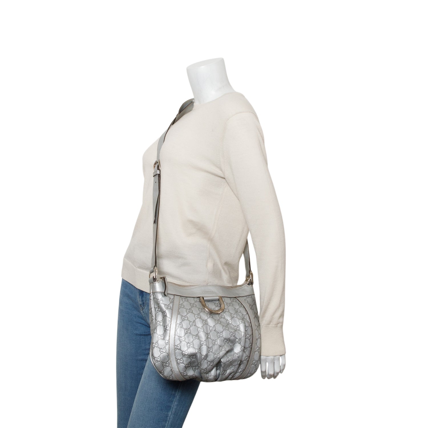 Gucci Silver Signature Leather D Ring Messenger Bag