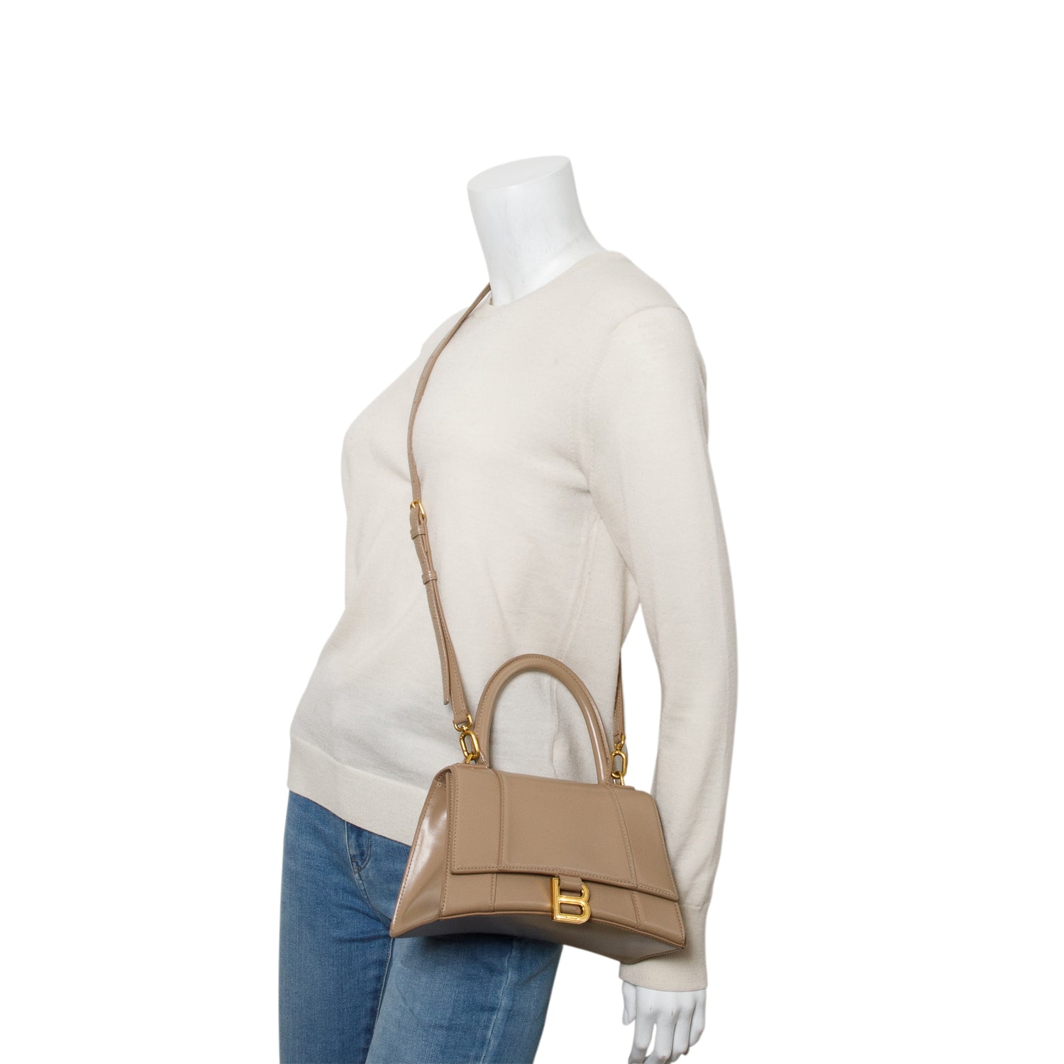 Balenciaga Beige Shiny Calfskin Small Hourglass Top Handle Bag w/ Strap