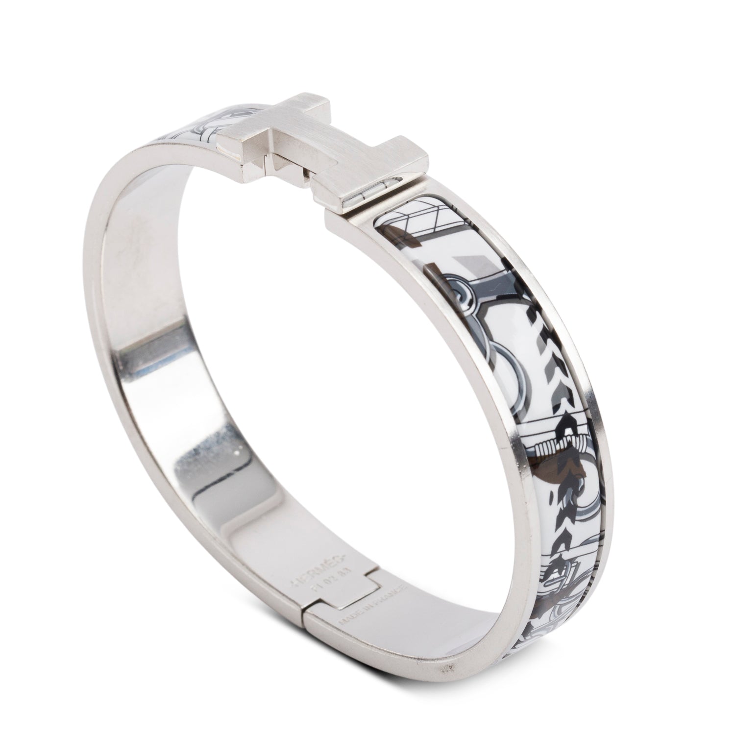 Hermes Palladium Plated Panoplie Equestre Imprimeur Fou Enamel 12 MM Clic HH Bracelet