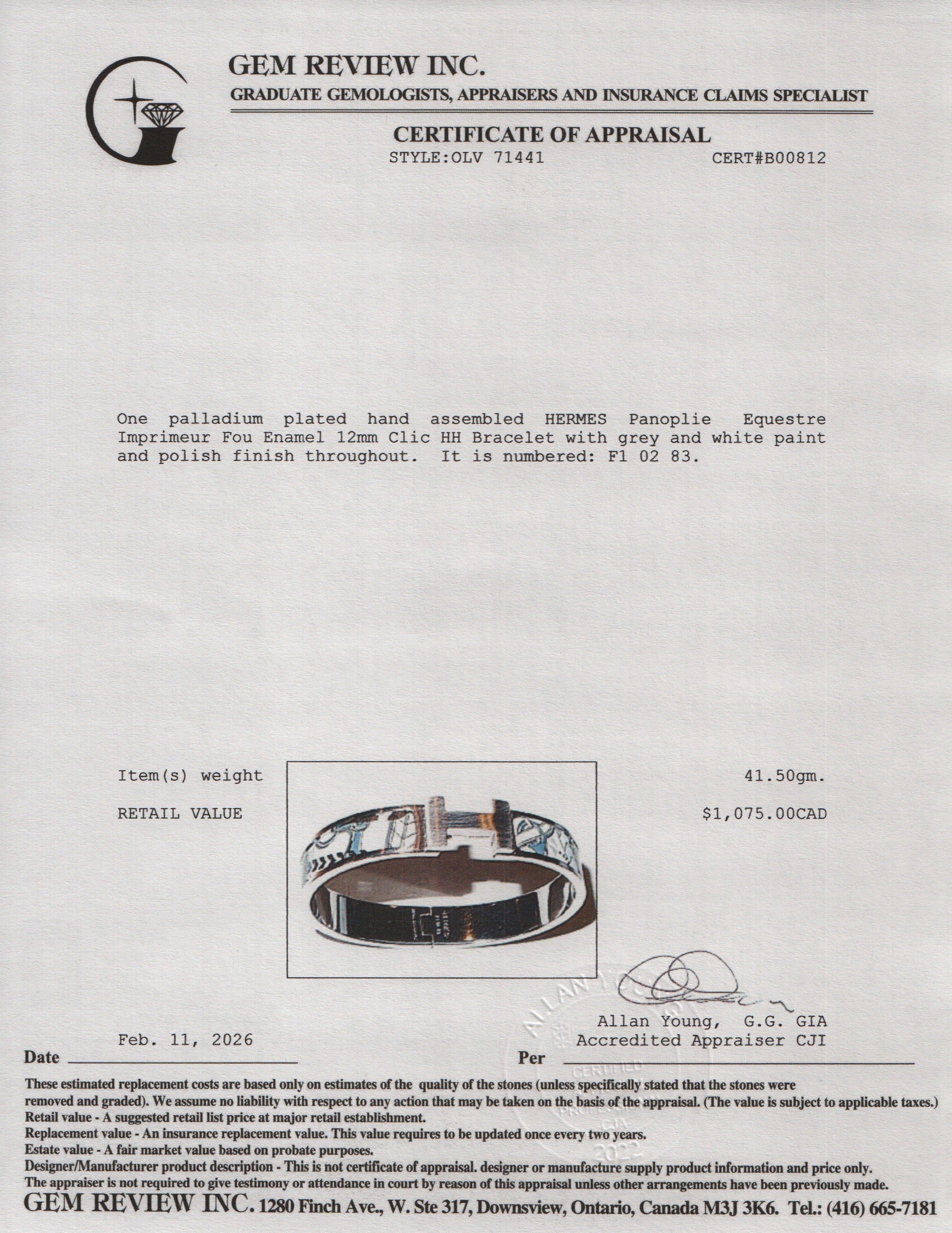 Hermes Palladium Plated Panoplie Equestre Imprimeur Fou Enamel 12 MM Clic HH Bracelet