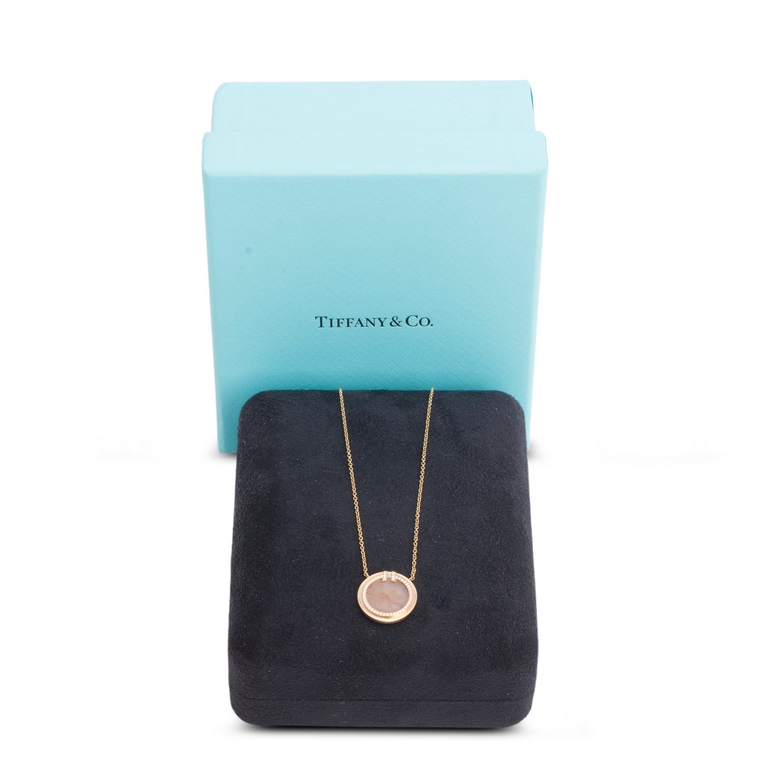 Tiffany & Co. 18k Yellow Gold Diamond & Pink Opal 16 MM Circle Pendant Necklace w/ Box