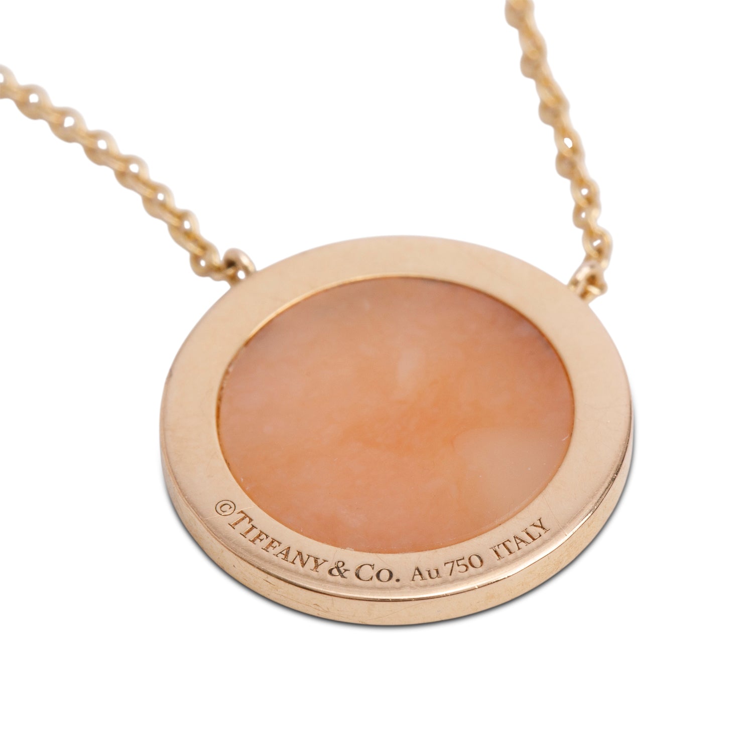 Tiffany & Co. 18k Yellow Gold Diamond & Pink Opal 16 MM Circle Pendant Necklace w/ Box