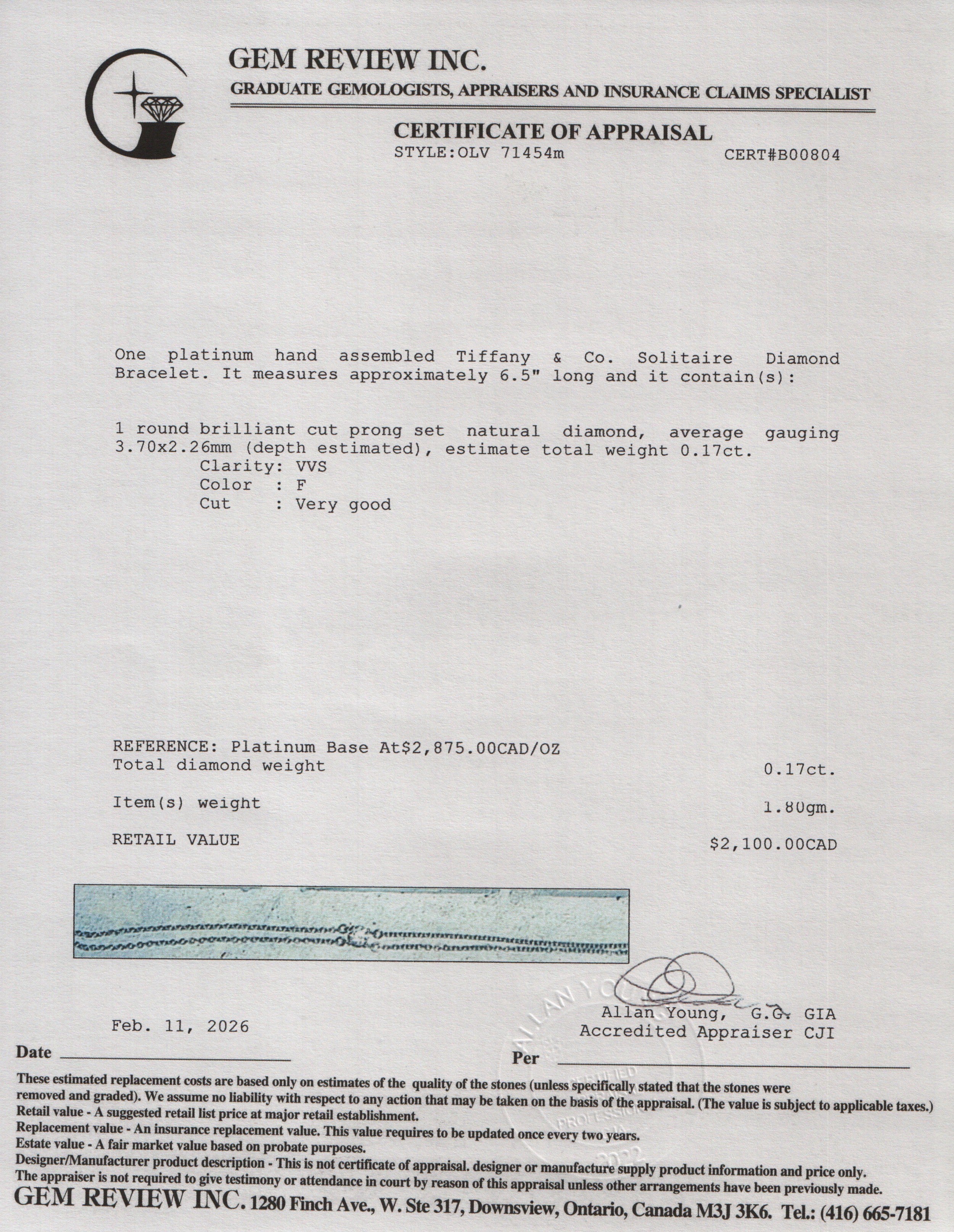 Tiffany & Co. Platinum Solitaire Diamond Bracelet w/ Box