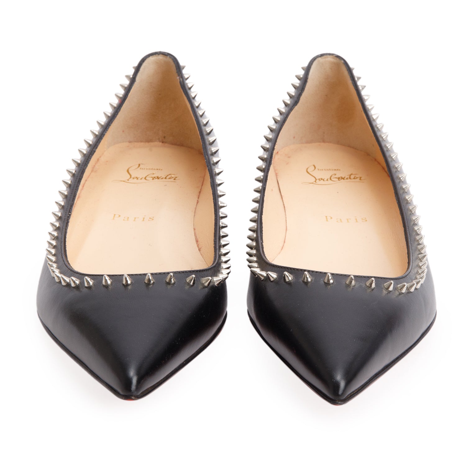 Christian Louboutin Black Nappa Leather Spike Flats, Women's Size 37.5